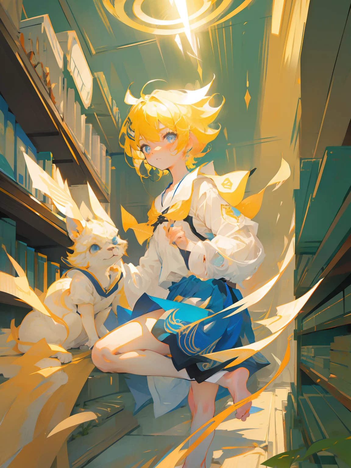 (8K),Yellow-haired, blue-eyed little Shota,short detailed hair,short detailed hair,short detailed hair,The barefoot,校服,libraryai