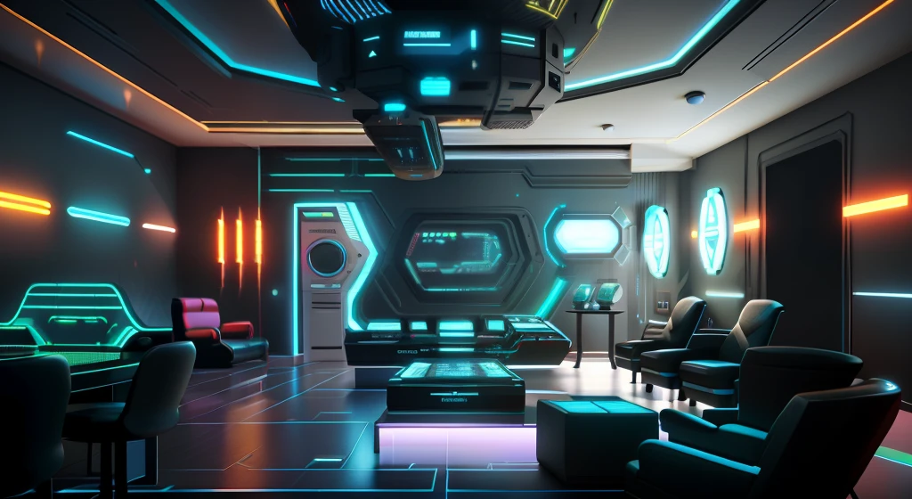 In the middle of the room is a casino table with a piano, Game room in 2 0 4 0, Futuristic room, Sci-fi Hall, 3 d render beeple, Futuristic setting, in style of beeple, cyberpunk garage on jupiter, In the room, Made in the style of cyberpunk, Cyberpunk interior, Futuristic decoration, Cyberpunk Apartments, Futuristic casino, beeple rendering