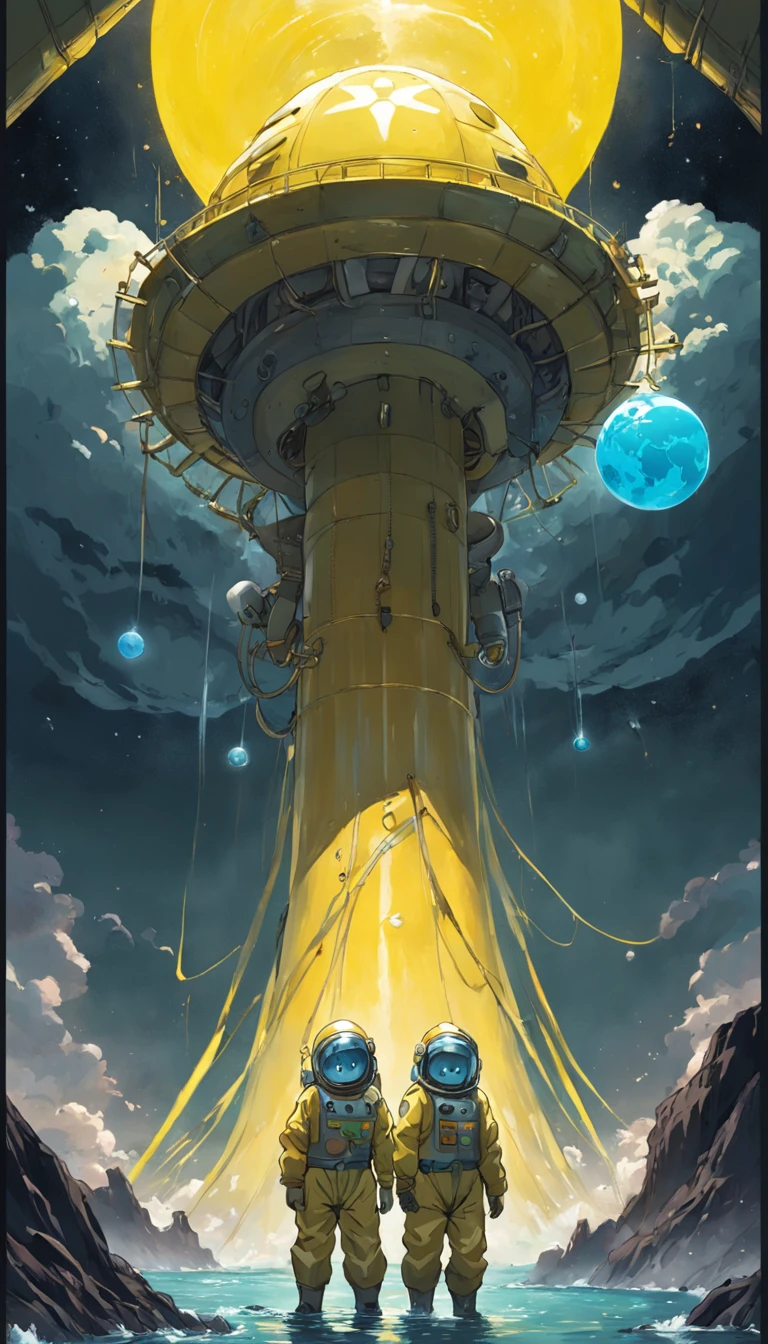 (A cartoon of 2 men in nuclear protective suits pulling the earth apart),(Wear yellow nuclear protective clothing,The costume has the Japanese flag emblem on it,A planet of suffering,aquatic creature,Sewage flows out of huge pipes above,There are nuclear signs on the pipes),(Dark blue gradient background)