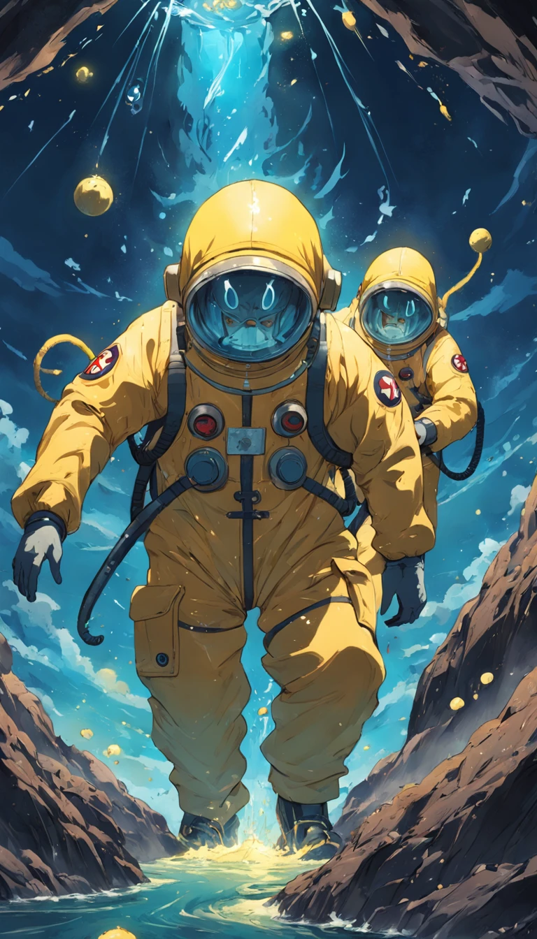 (A cartoon of 2 men in nuclear protective suits pulling the earth apart),(Wear yellow nuclear protective clothing,The costume has the Japanese flag emblem on it,A planet of suffering,aquatic creature,Sewage flows out of huge pipes above,There are nuclear signs on the pipes),(Dark blue gradient background)