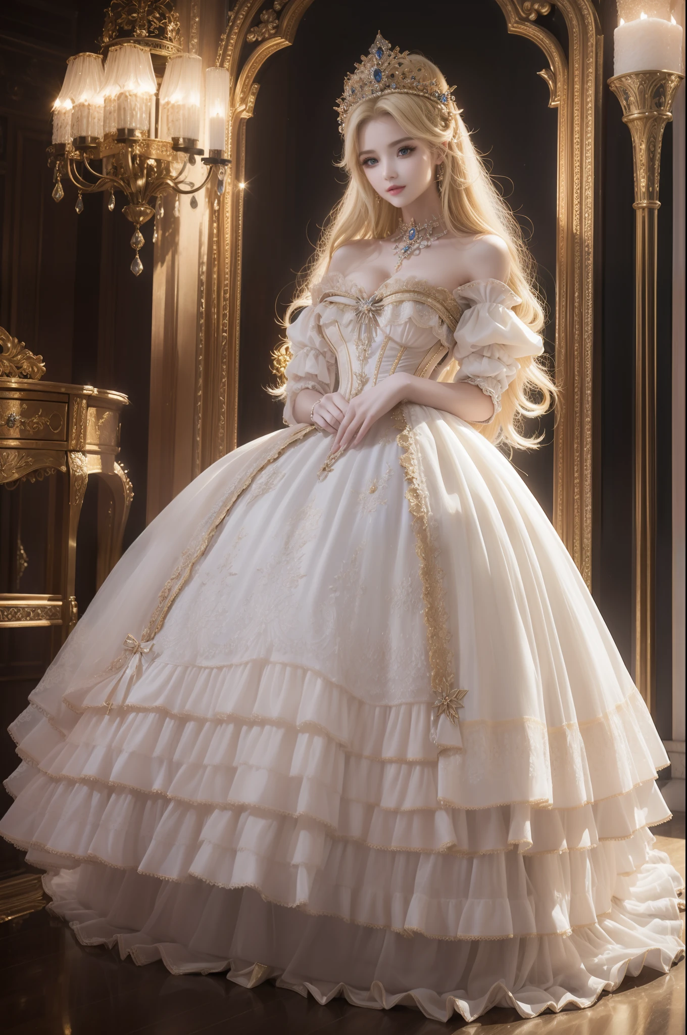 ((top-quality、masterpiece、8K))、Blonde beauty、delicate and beautiful face、(Luxury dresses in the style of medieval Europe、Princess)、Luxury Accessories、European-style castle、Cinematic lighting、Textured skin、Super Detail、high detailing、High quality、hight resolution