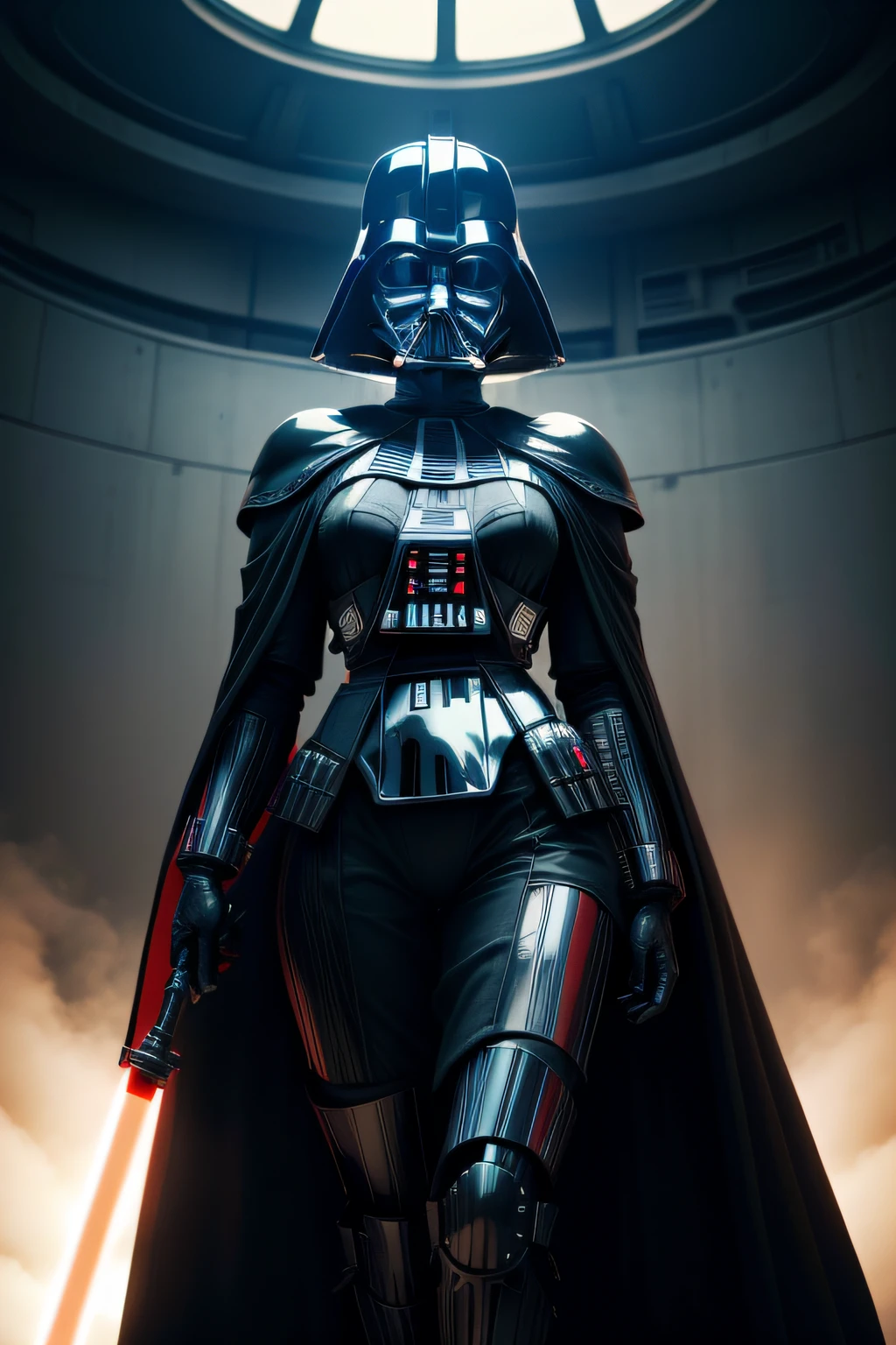Hello, can you help me create a hyper-realistic female Darth Vader costume, she wears a black latex bodysuit and high heels, use a lightsaber,
like the basic samurai guard, photorealistic, UHD 16K, thanks, photo, cinematic, fashion, product