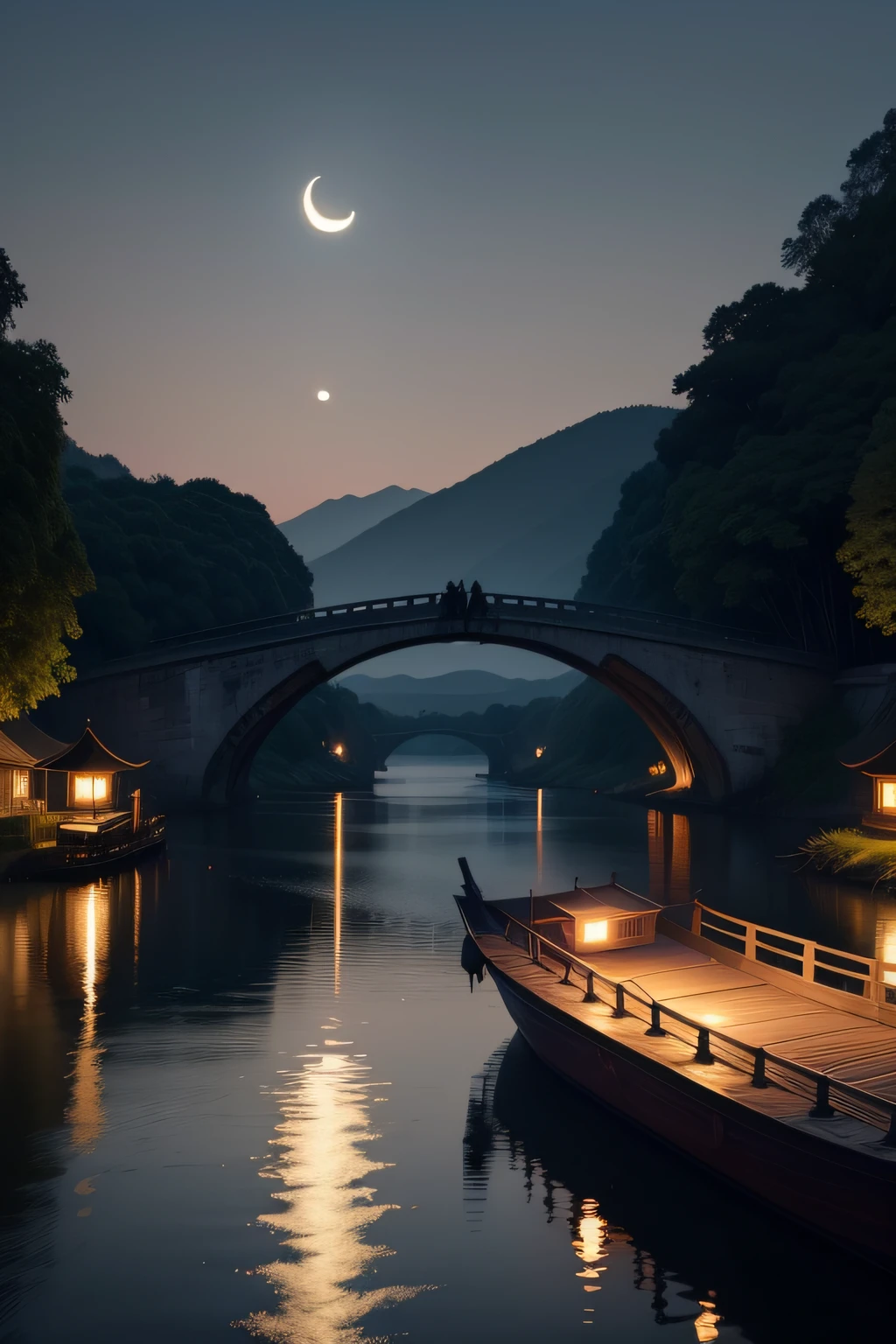 There is a bridge by the river at night,There is a fishing boat close to the shore,Kerosene lamps were lit on board。There is a crescent moon hanging in the sky,The moon is reflected on the river