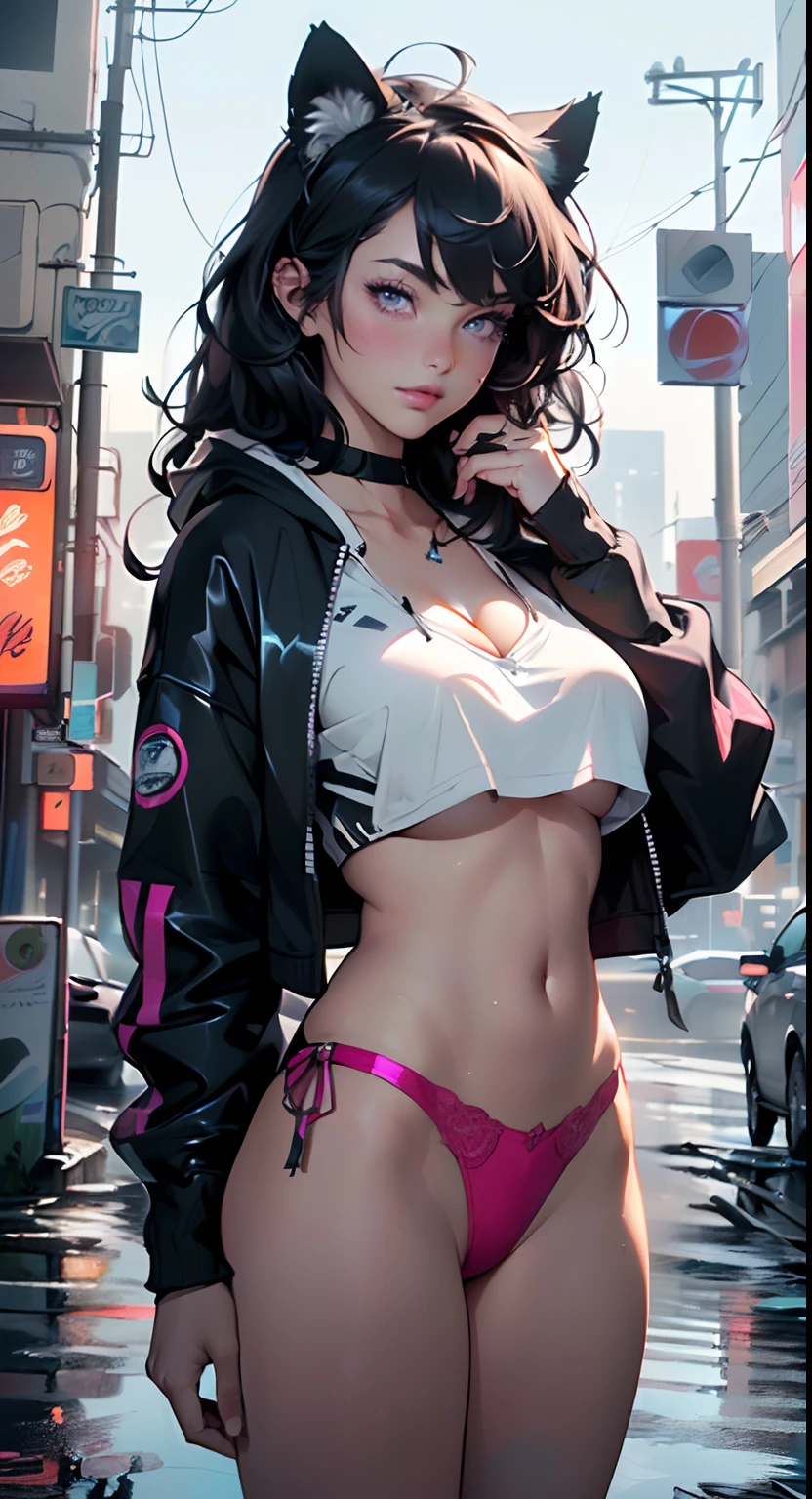 girl spacepunk,(((1girl))),((anime girl with extremely cute and beautiful black hair cat ears walking seductively down the street)),
(large breasts:1.4),saggy breasts,((((black hair,messy hair,colored inner hair,large hair,absurdly long unkempt hair:1.35,long hair,ear breathing)))),((((cat ears,cat ears on head,big cat ears)))),((pink eyes:1.3,upturned eyes:1.3,perfect eyes,beautiful detailed eyes,rainbow glows ultra-detailed deep pink purple eyes:1.1,gradient eyes:1,finely detailed beautiful eyes:1,symmetrical eyes:1,big highlight on eyes:1.2)),((fat)),(((lustrous skin:1.5,bright skin: 1.5,skin tanned,shiny skin,very shiny skin,shiny body,plastic glitter skin,exaggerated shiny skin))),(spider lower abdomen,narrow waist,wide hip,athletic body,inflated legs,delicate detailed fingers,detailed body,detailed arms,human hands,(detailed face)),
cute,slutty,seductive,erotic,(((nsfw))),
zettai ryouiki,revealing clothing,show skin,((((underboob)))),(cleavage),(semi-naked,with little clothing,((tiny thong)),bare legs,visible thong straps),((((crop top hoodie,cropped hoodie,hoodie,hoodie intricate)))),((detailed outfit,detailed clothes)),
(dynamic pose:1.0),solo focus,embarrassed,centered,scale to fit dimensions,Rule of thirds,
((((cyberpunk city by the ocean,huge buildings,neon signs,puddles)))),stormy sky,threatening sky,dark clouds,((synthwave background theme,detailed background : 1.25)),((((a transparent building as a huge aquarium with fish at night,nice lighting decorations,detailed architecture,detailed fish)))),
(best quality,high resolution,sharp focus,ultra detailed,extremely detailed,extremely high quality artwork,(realistic,photorealistic:1.37),8k_wallpaper,(extremely detailed CG 8k),(very fine 8K CG),((hyper super ultra detailed perfect piece)),flawless,(((masterpiece))),illustration,vibrant colors,(intricate),High contrast,Selective lighting,Double exposure,HDR (High Dynamic Range),Post-processing,Background blur,