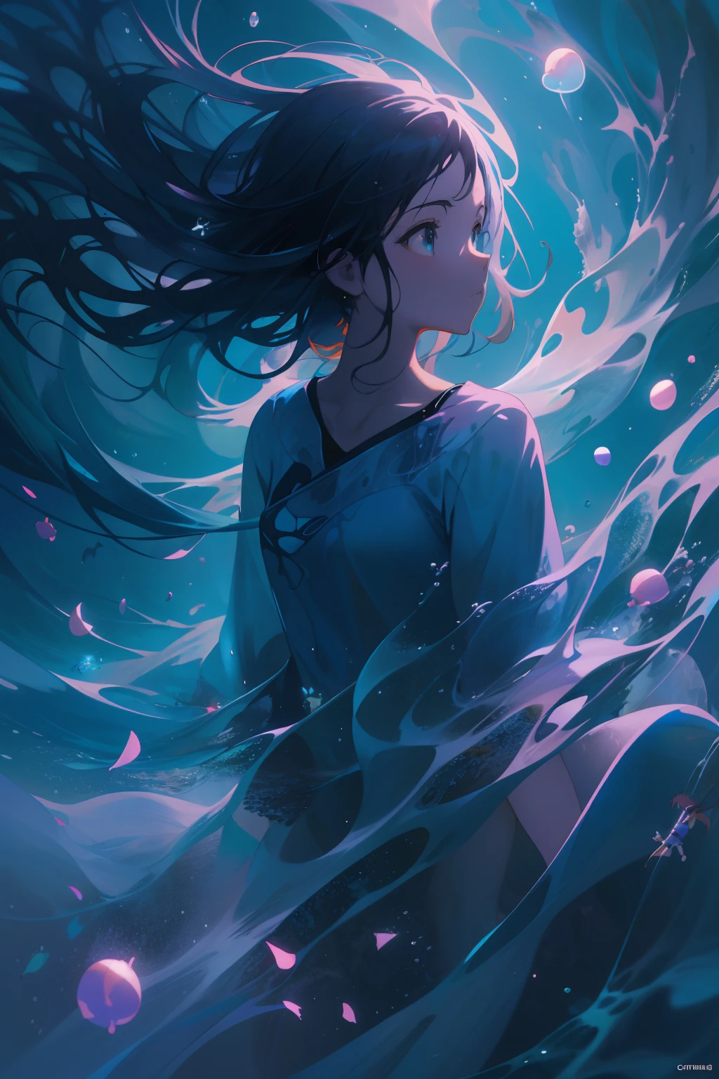 Underwater anime girl with long hair and blue dress, Wallpaper Anime Blue Water, Anime art wallpaper 8k, makoto shinkai cyril rolando, anime art wallpaper 4k, anime art wallpaper 4k, anime fantasy illustration, Detailed Digital Anime Art, artgerm and atey ghailan, digital anime illustration, anime girl walking on water