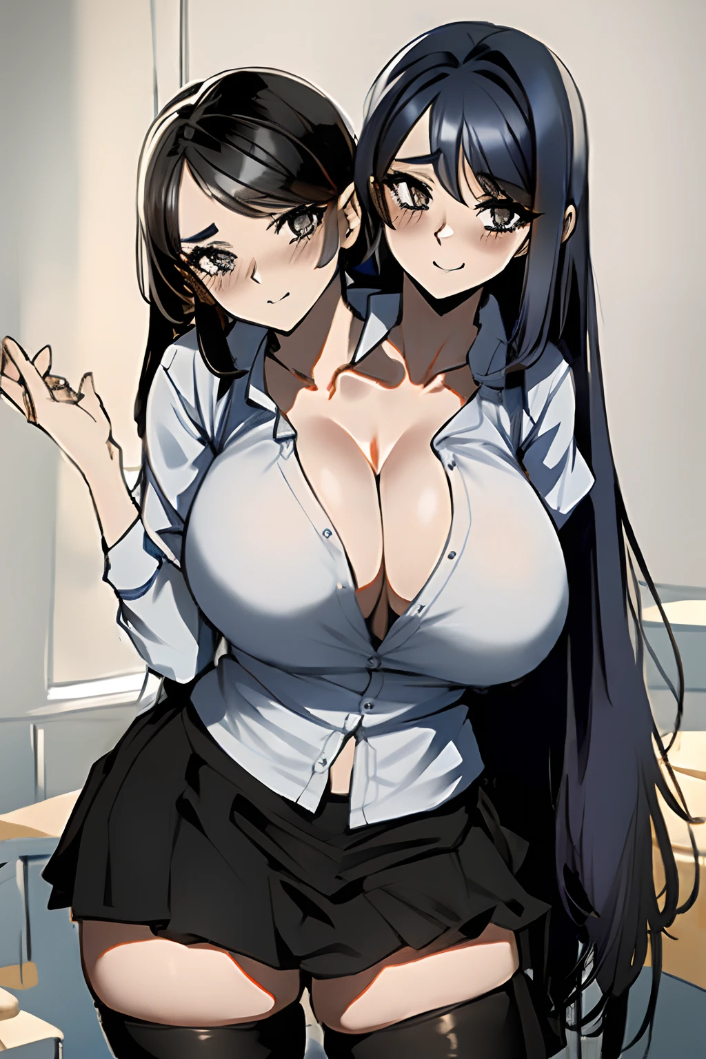 2heads, a short fat woman with 2 heads. She has extremely massive breasts. She looks playful and seductive. She is blushing. She has big fat breasts. She has long straight hair in a ponytail. She is inside a classroom with a window. She has enormous fat tits. Her breasts are enormous. She is wearing a schoolgirl outfit. She looks young. She is wearing thigh high socks. She has massive breasts. She is unbuttoning her shirt.