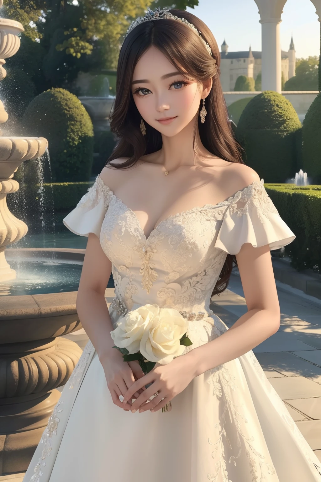 ((top-quality、masterpiece、photographrealistic:1.4、8K))、1 beautiful detailed girl、extremely detailed eye and face、beatiful detailed eyes、(Rococo gorgeous ruffled courtly dress)、Luxury Accessories、Elegant smile、(Strolling through the beautiful gardens、Fountain and castle in the background)、Cinematic lighting、Textured skin、Super Detail、high detailing、High quality、hight resolution、(looking at the viewers)、Rosa