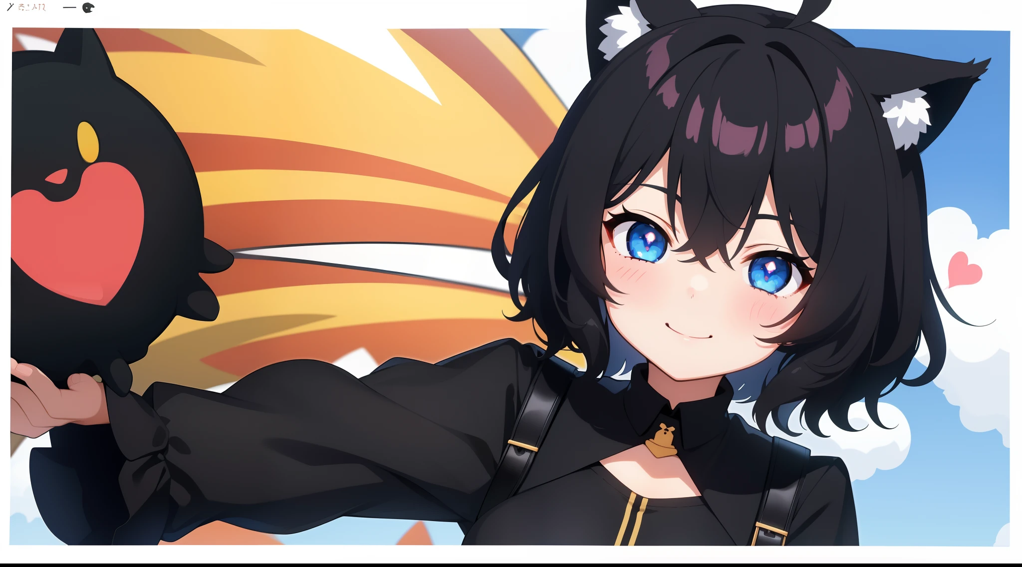 girl with、Chibi、((Best Quality, high_resolution, Distinct_image)),(Black hair), (Black cat ears), (Ahoge), (absurdly short hair), (Wavy Hair), (Blue eyes),、A smile、mideum breasts、Heart pupil、
