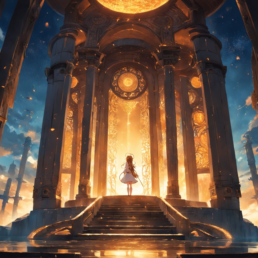 obra-prima, melhor qualidade, filme ainda, nuvem, floating into the sky, Close-up, brilhante, Soft lighting and Warm, sun sunset, capa de livro, Templo budista, horizonte com sol dourado, Portal Dimensiona, manipulando elementos da natureza, Texto escrito: Zikhron - Templo do Sol (Sparks: 0,7)