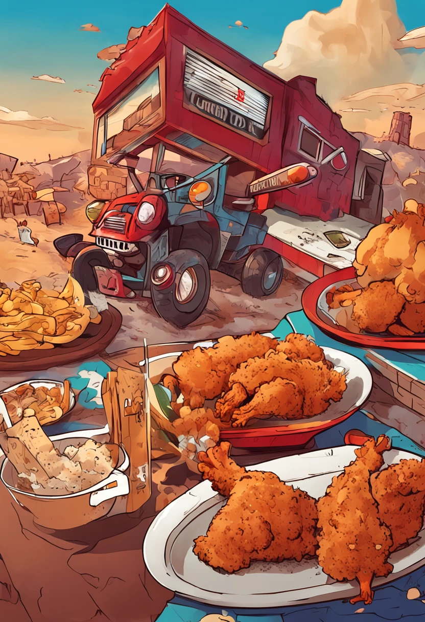 There is one chicken that is fried，Boy Chicken，Fried chicken,   very crispy, kfc, crispy, Ultra photo realsisim, Cartoonish， high res photograph,Dopamine style，