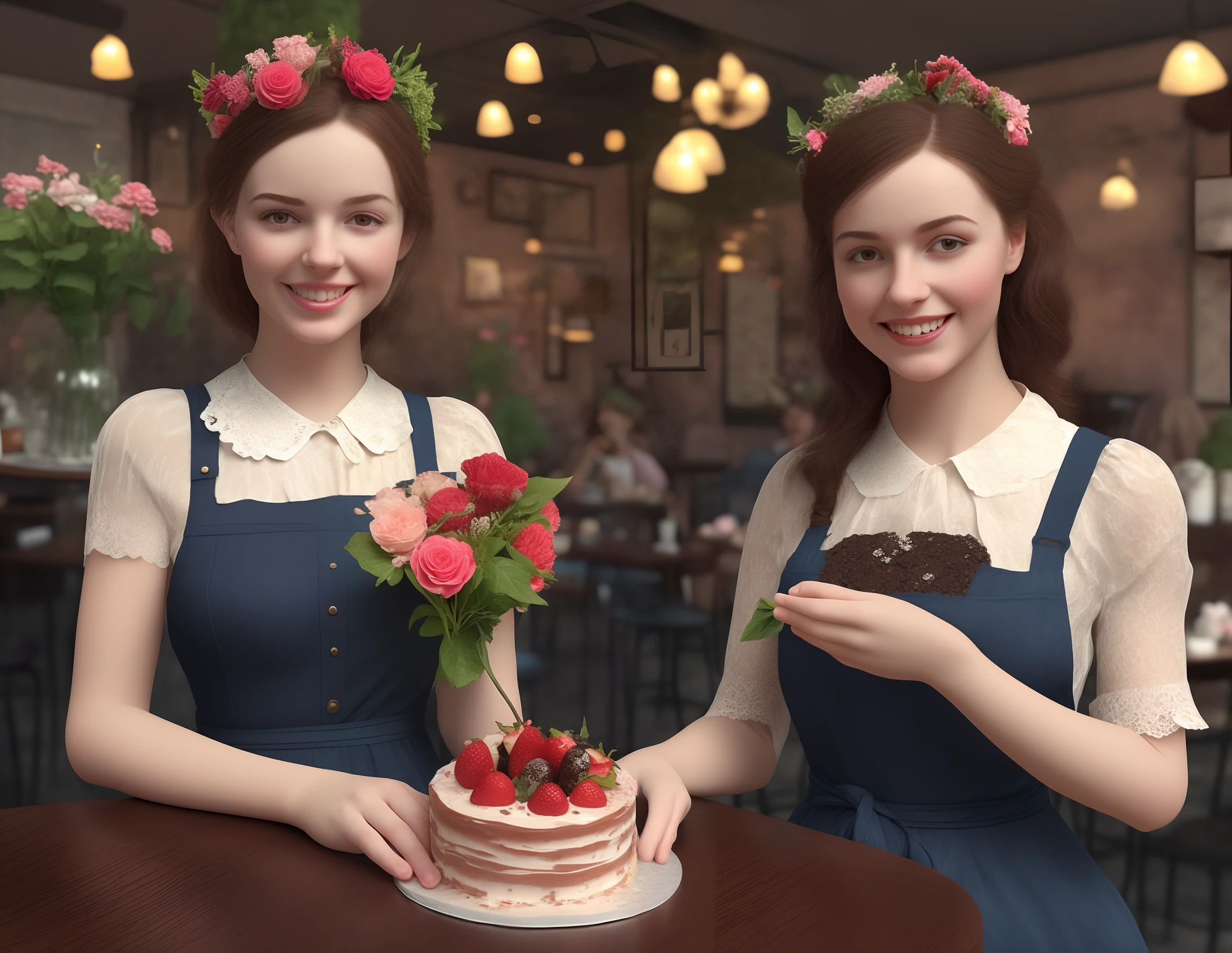 delicious, Appetizing cake with mastic figures, (cafe background), flowers bouquet, High resolution, ultra realistic, birthday cake, blue hydrangea surrounding, a girl wearing vintage dress with lace and sleeves and collars, black colour hair, in a vintage cafe, a big chocolate and strawberry birthday cake, holding a bouquet of flower, sweet smile, in a vintage cafe, candle lights on the table