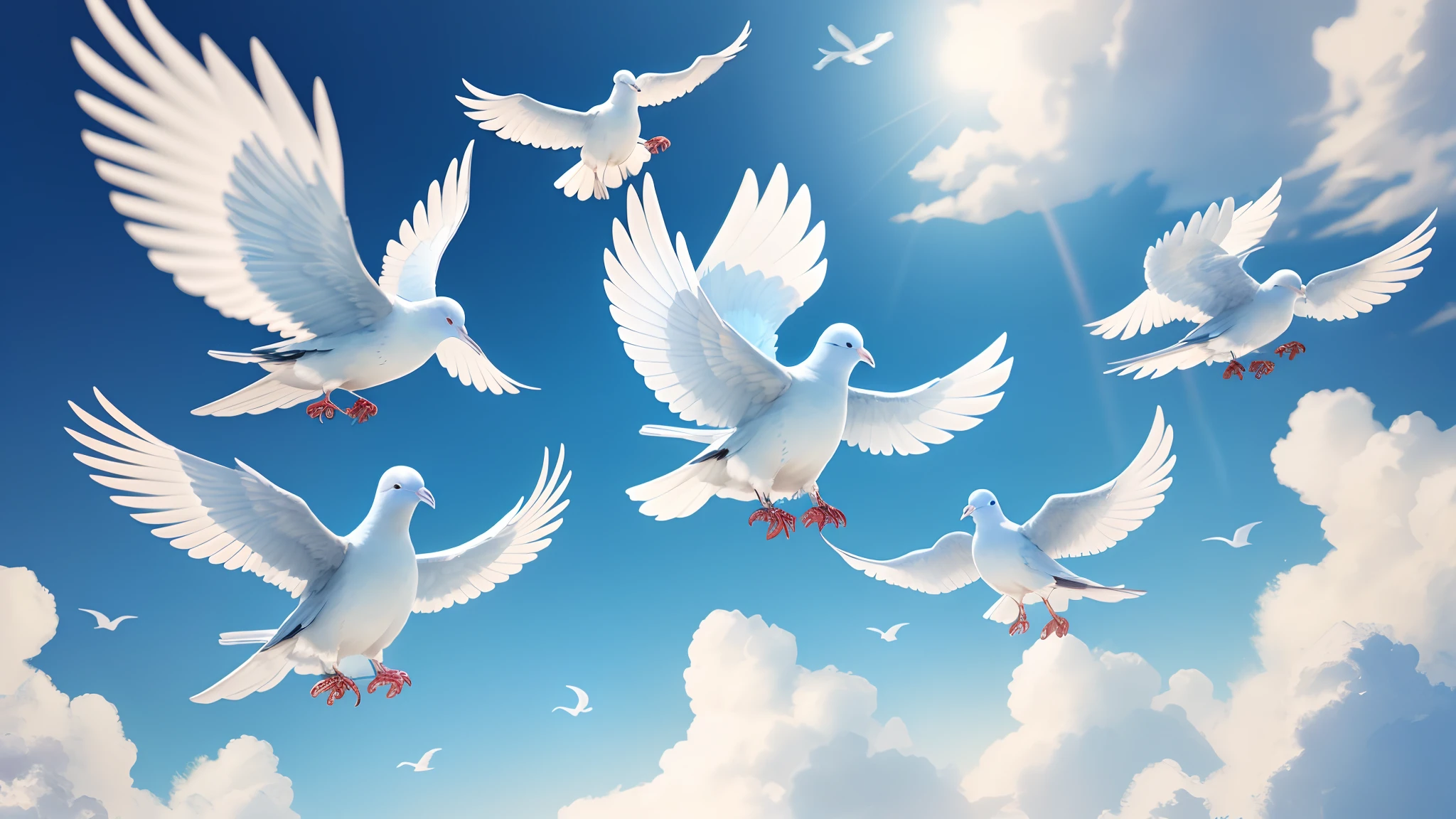 tmasterpiece， best qualtiy， （Very detailed CG unity 8k wallpaper） （best qualtiy）， （Most Best Illustration） blue-sky，Many white doves line up in the shape of hearts in the blue sky