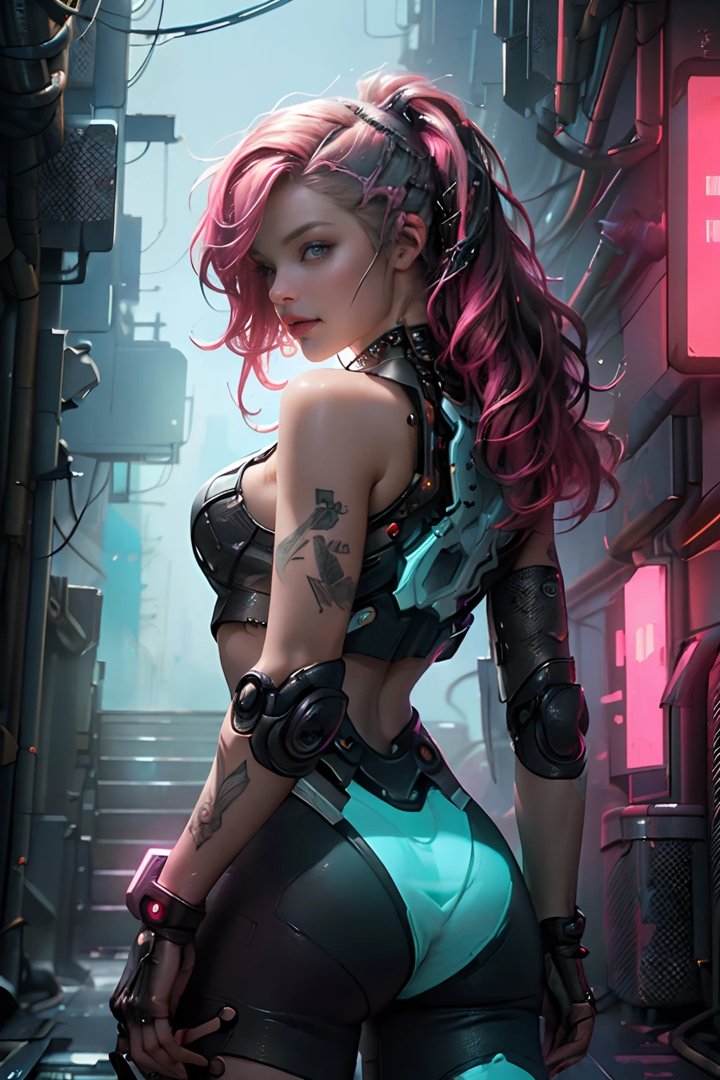 cyber punk Girl,(top-quality、8K、32K、​masterpiece)、(The ultra -The high-definition)、(Photorealsitic:1.4)、Raw photography,Charming perfect figure, facing camera, cowboy shot, dynamic pose, long shapeless hair, facing camera, Detailed cyberpunk fashion、World of Cyberpunk,depth of fields,blurry backround, cinematic lighting.