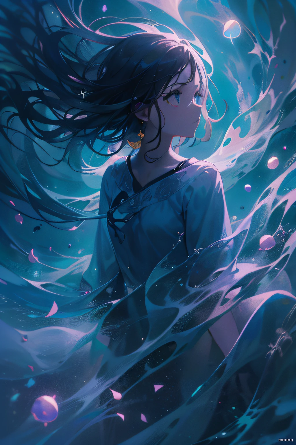 Underwater anime girl with long hair and blue dress, Wallpaper Anime Blue Water, Anime art wallpaper 8k, makoto shinkai cyril rolando, anime art wallpaper 4k, anime art wallpaper 4k, anime fantasy illustration, Detailed Digital Anime Art, artgerm and atey ghailan, digital anime illustration, anime girl walking on water