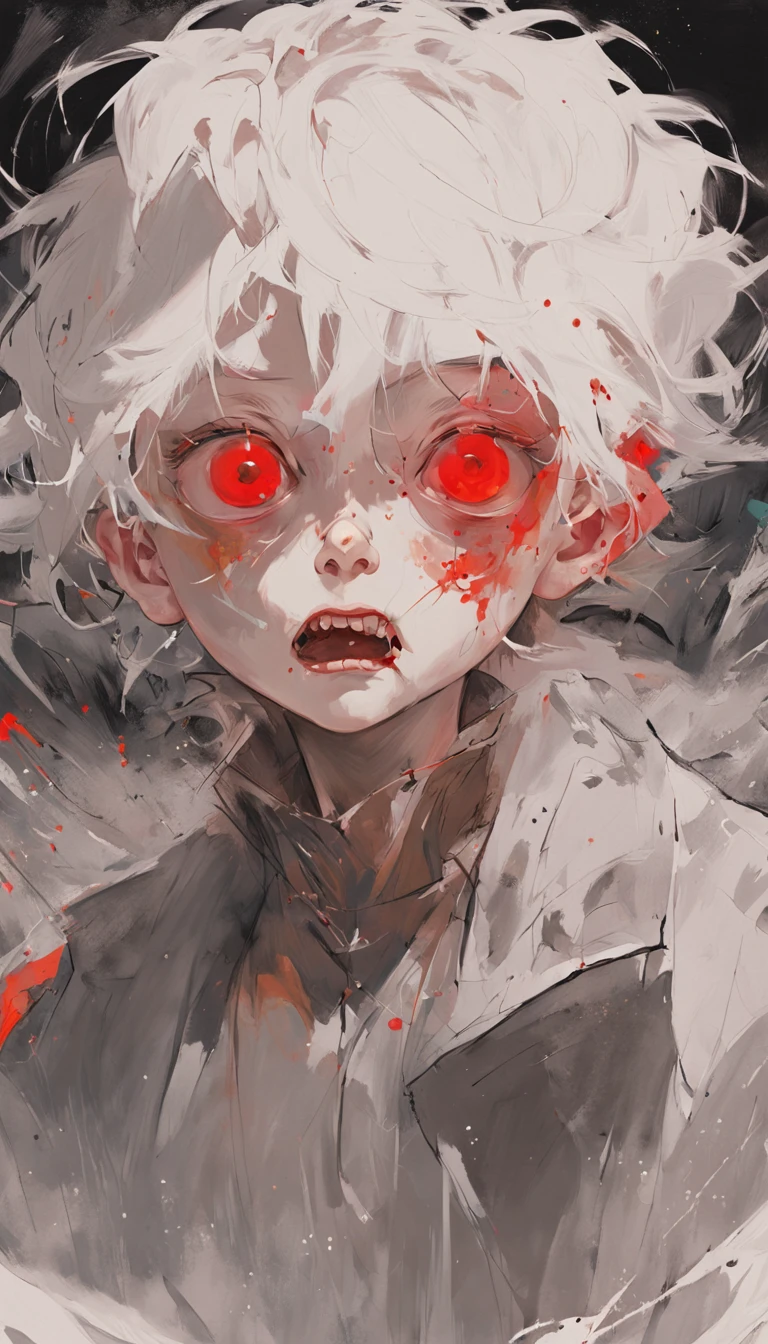 young boy with white hair and red eyes, There is ugliness in beauty, But there is also beauty in ugliness, In the style of Adrian Ghenie, Esao Adrews, Jenny Saville, Edward Hopper, surrealism, Dark Art par James Jean, Takato Yamato, Minimalism inkpunk