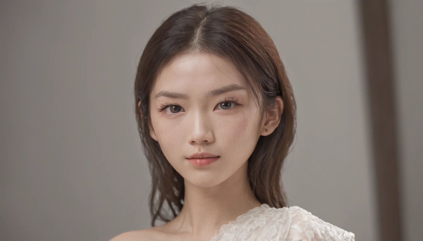 A woman who is，Asian people，Semi-sideways，standing on your feet，full bodyesbian，Brown hair, Realism, Verism, High detail, projected inset, in a panoramic view, hyper HD, ccurate, Anatomically correct, Textured skin, Super detail, High details, High quality, Best quality, A high resolution