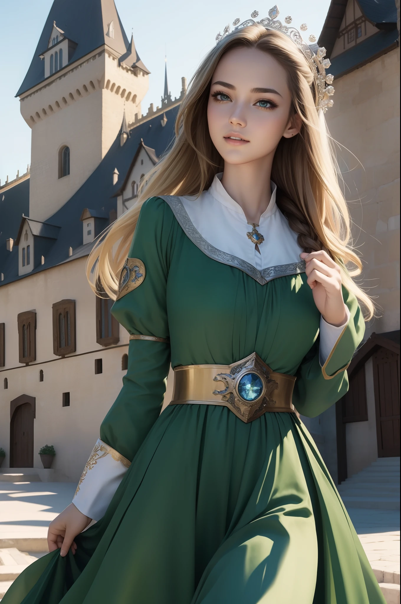 ((top-quality、masterpiece、photographrealistic:1.4、8K))、1 beautiful detailed girl and 1 knight、extremely detailed eye and face、beatiful detailed eyes、(Green dress in the style of medieval Germany、Princess)、Luxury Accessories、Elegant smile、natta、(Princess strolling through medieval German-style castle town、German-style castle in the background)、Cinematic lighting、Textured skin、Super Detail、high detailing、High quality、hight resolution、(looking at the viewers)