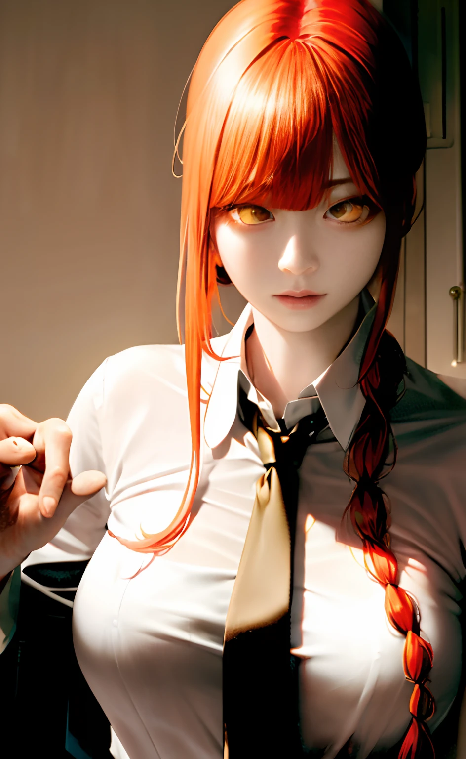 masterpiece, (photorealistic:1.4), best quality, beautiful lighting,
(ulzzang-6500:0.5), makima \(chainsaw man\), (red hair)+(long braided hair)+(bangs), yellow eyes, golden eyes, ((ringed eyes)), (white shirt), (necktie),(thin),(slender),(small breast)
RAW photo, 8k uhd, film grain