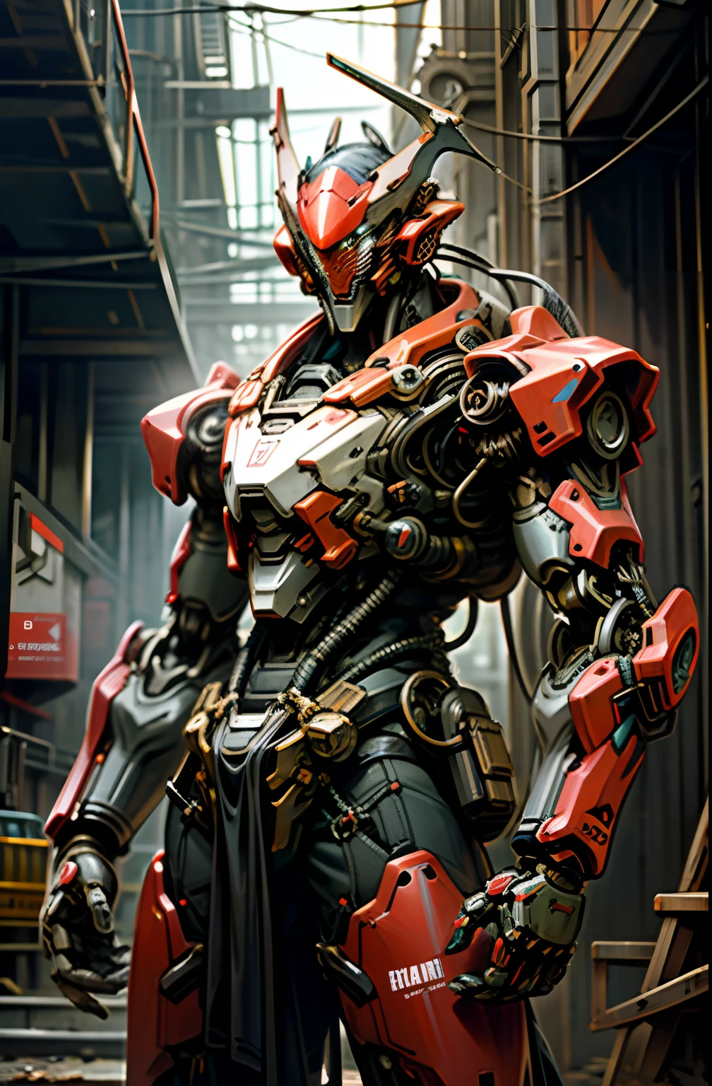 Dark_Fantasy,Cyberpunk,(chain saw,chain saw man,Red:1.1),1man,Mechanical marvel,Robotic presence,Cybernetic guardian, wearing a worn-out mech suit, intricate, (steel metal [rusty]), elegant, clear focus, shot by greg rutkowski, soft lighting, vibrant colors, masterpiece, ((street)), cowboy shot, dynamic pose,