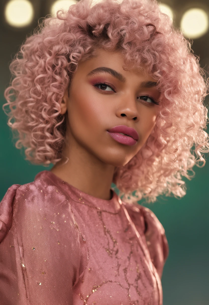 close up, best quality, masterpiece, curly bangs, short curly blonde haired girl, curly haired, with brown skin, light brown skin, light skin, with textured hair, pouty lips, pink lips, green dress, glittered dress, sleeveless