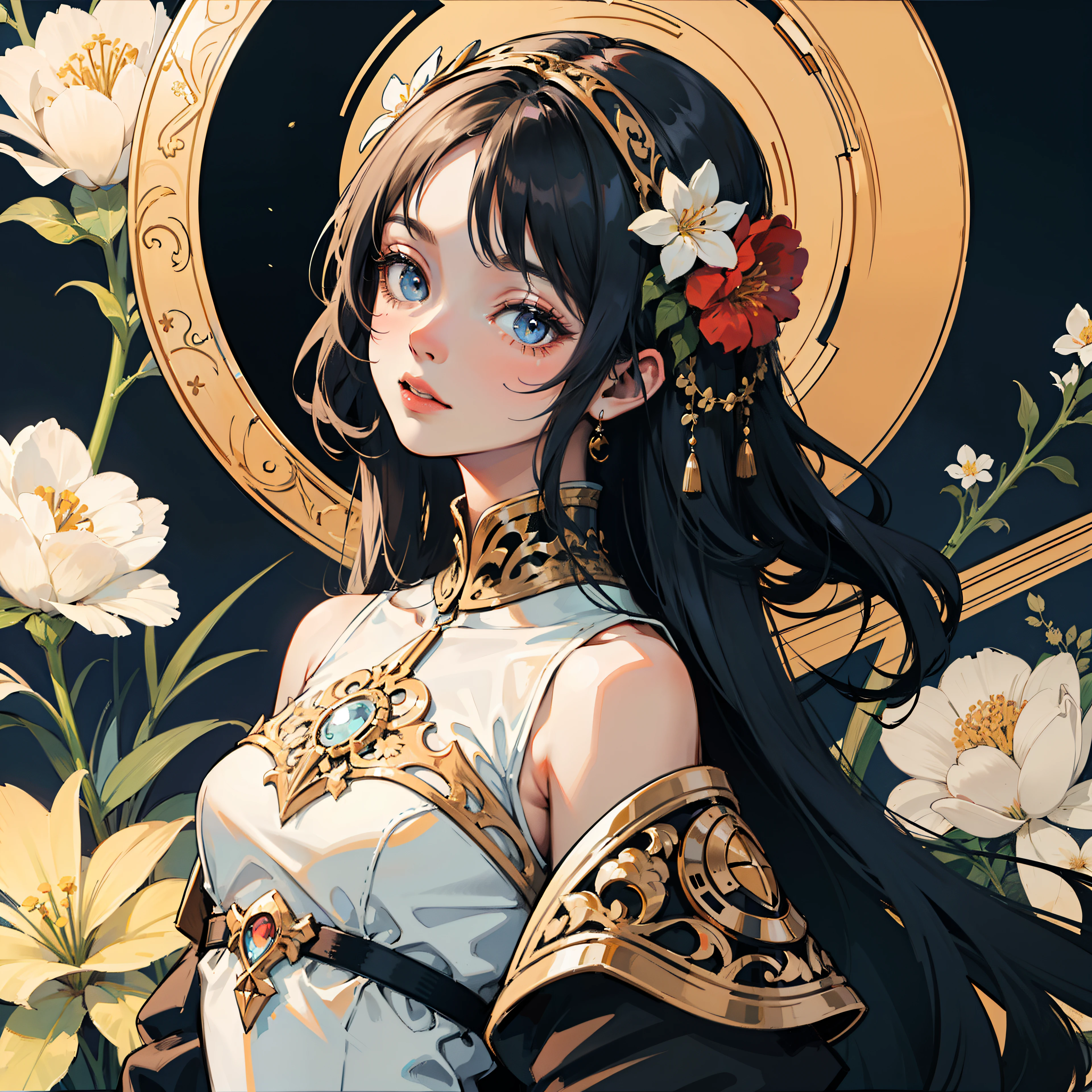 masterpiece, best quality, 1girl, flowers, flat color, lineart, ornate, blue theme , left side