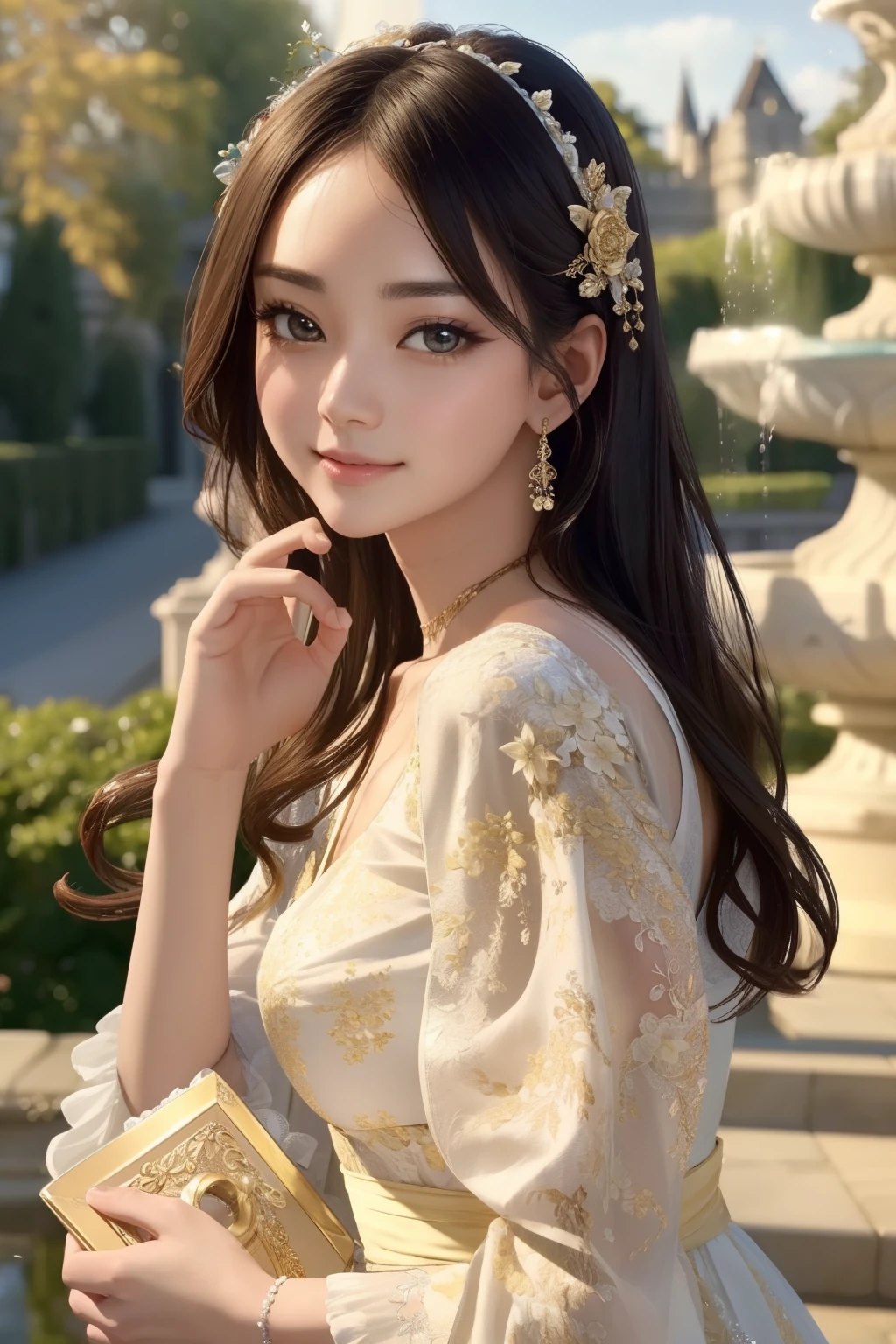 ((top-quality、masterpiece、photographrealistic:1.4、8K))、1 beautiful detailed girl、extremely detailed eye and face、beatiful detailed eyes、(Rococo gorgeous ruffled courtly dress)、Luxury Accessories、Elegant smile、(Strolling through the beautiful gardens、Fountain and castle in the background)、Cinematic lighting、Textured skin、Super Detail、high detailing、High quality、hight resolution、(looking at the viewers)、Rosa