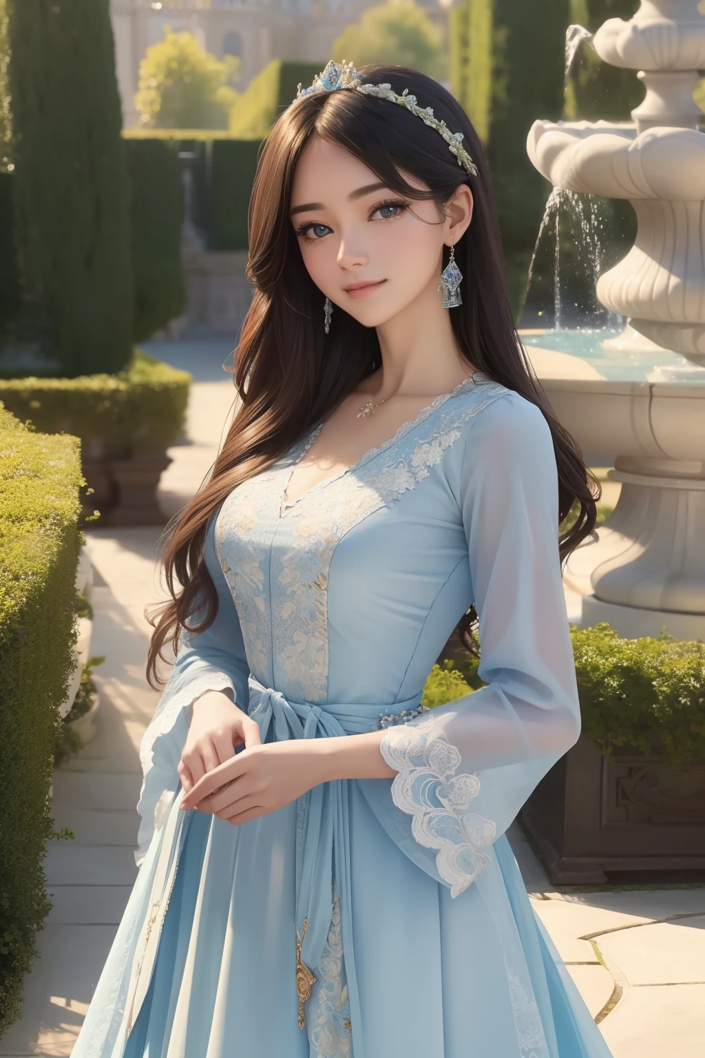 ((top-quality、masterpiece、photographrealistic:1.4、8K))、1 beautiful detailed girl、extremely detailed eye and face、beatiful detailed eyes、(Rococo Victorian courtly style light blue dress)、Luxury Accessories、Elegant smile、(Strolling through the beautiful gardens、Fountain and castle in the background)、Beautiful lighting、Textured skin、Super Detail、high detailing、High quality、hight resolution、(looking at the viewers)、Rosa