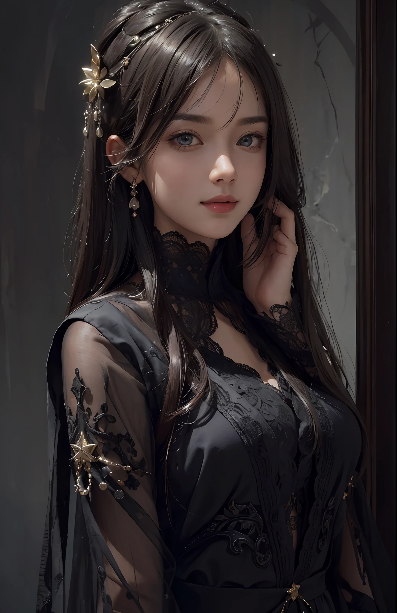 (Ultra Realistic), (Illustration), (Increased Resolution), (8K), (Extremely Detailed), (Best Illustration), (Beautiful and Detailed Eyes), (Best Quality), (Ultra Detailed), (Masterpiece ), ( wallpaper), (detailed face), solo, 1 girl, looking at viewer, fine details, detailed face, in the dark, deep shadows, low key, pureerosfaceace_v1, smiling, long hair, black shawl straight hair , 46 points oblique bangs