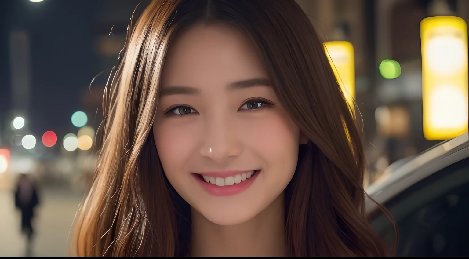 ((top-quality、8K、masterpiece:1.3))、(1girl in)、A smile、full body Esbian、(Hardships at work),Slim Faces、Pretty women、(dark brown hair)、Full-length dresses:1.1、hyperdetailed face、A detailed eye、二重まぶた、blured background、Slim Faces、城市、takeout、a street、japanes