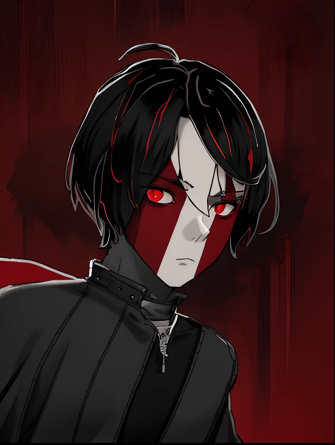 Anime boy with red hair and black and red striped shirt, Red and black, Red and black color,, it has a red and black paint, ,Red face, ((Red)) baggy eyes, Red-faced, red - black, Black and red, black and red only, No ears,red colour, red and black costume,Broad shoulders,solid color backdrop