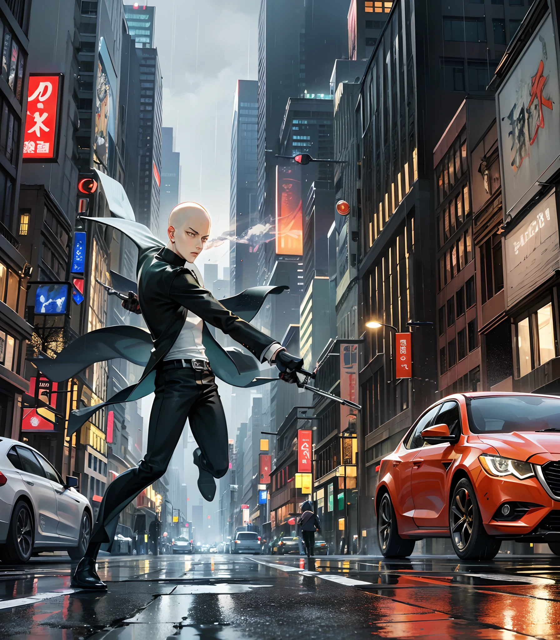 Broken City , Night , Raining , Broken Car , Broken Road , One Punch Man , Bad Villain , Dark , Fighting Battle , Death People on road , 4k resolution , --auto --s2