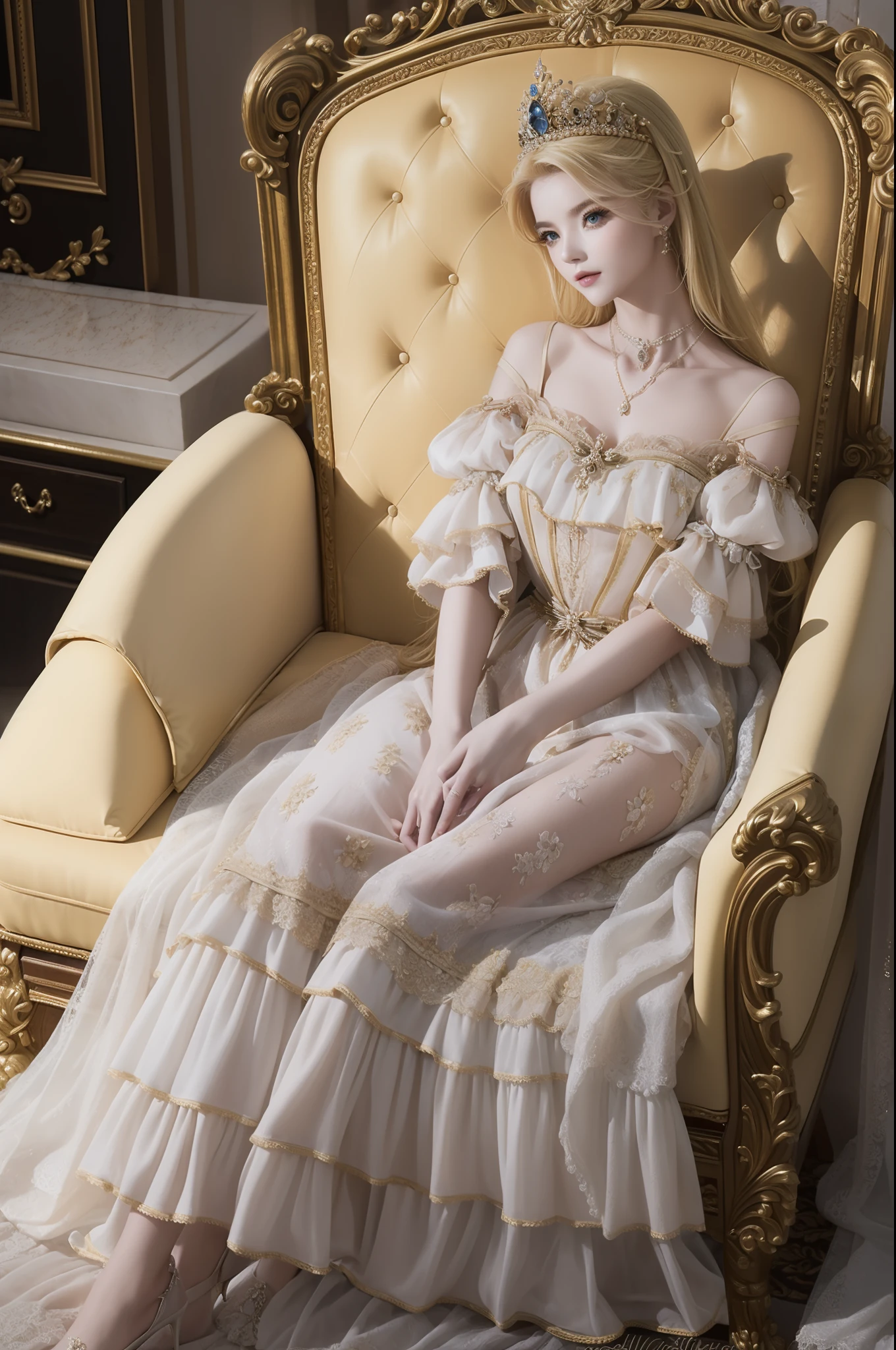 ((top-quality、​masterpiece、photographrealistic:1.4、8K))、Blonde beauty、delicate and beautiful face、（Luxury dresses in the style of medieval Europe、Princess）、Luxury Accessories、European-style castle、Cinematic lighting、Textured skin、Super Detail、high detailing、High quality、hight resolution