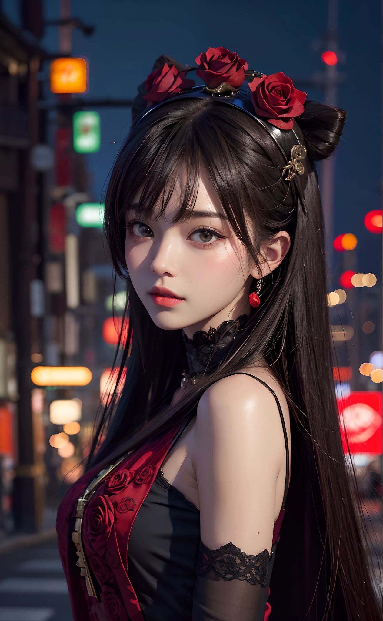1girl, Tokyo street,night, cityscape,city lights, upper body,close-up, 8k, RAW photo, best quality, masterpiece,realistic, photo-realistic,headgear of red rose, parted bangs, long hair,