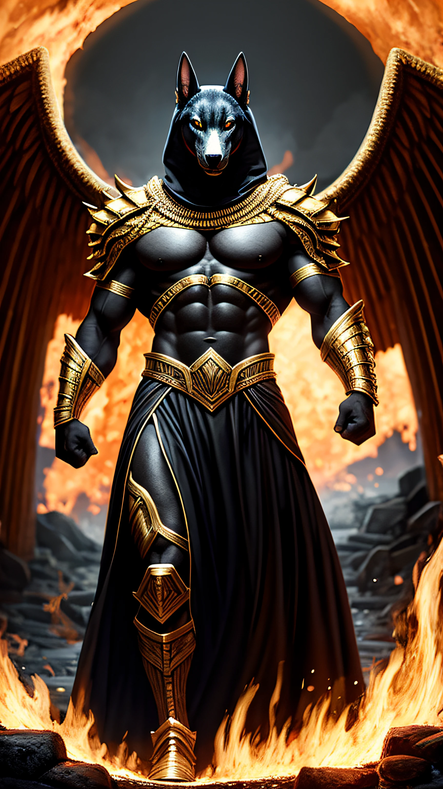 (high quality), photorealistic, (oil painting)
jewelry, (solo),
(dynamic pose), towards right, ((hell gate)), fire, hell landscape, (the underworld), (dark landscape),
anubis, egyptian jackal headed god, anthro, muscular, (holding golden scales), dynamic pose, cinematic, dramatic camera angle, golden armor:0.25, black & gold cape, (good anatomy), (good proportions), award winning, masterpiece, centered,