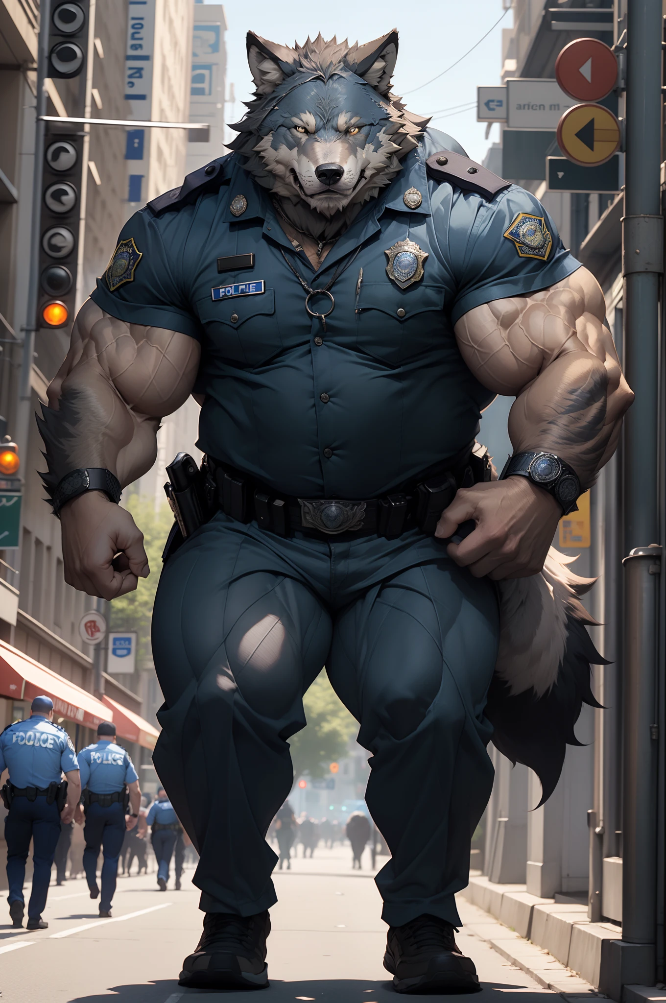 "Muscular elderly man (furry wolf), walking in a bustling city as a vigilant police officer, detailed muscles, strong pectorals, intense gaze, hyper-realistic 8k artwork, a masterpiece, ((police uniform, wearing police uniform))."