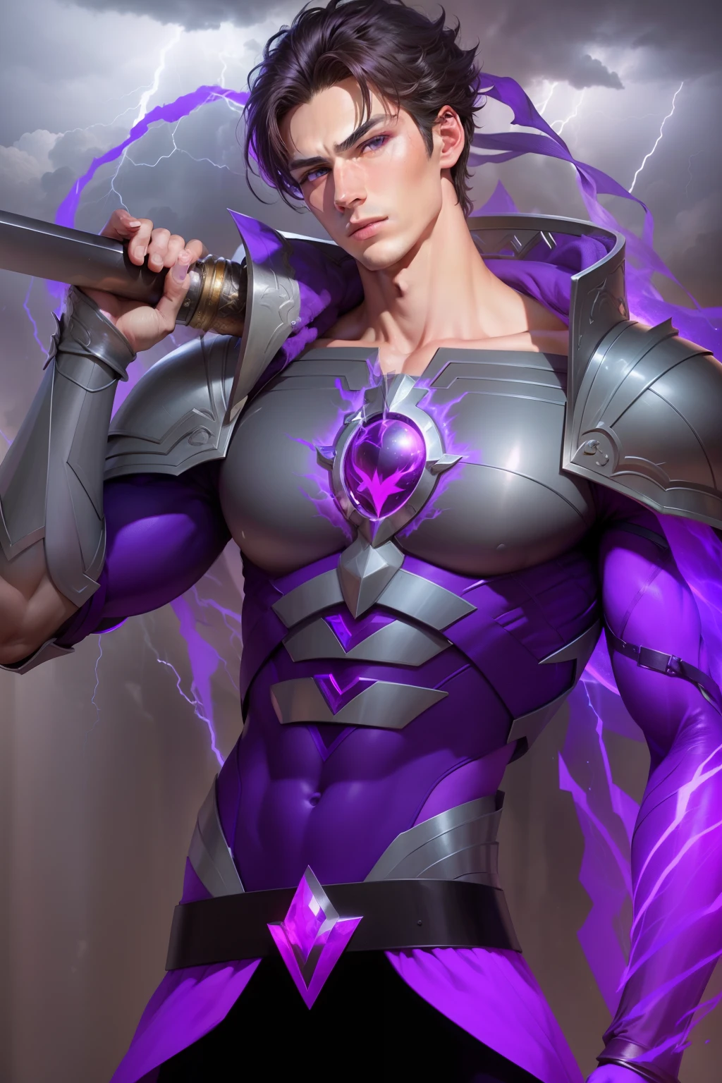 Boy, handsome, sixpack, charming,cute,dark armor, purple lightning,magic, dark energy ball In chest,Hands energized and there's lightning in hand, dragon, shadow, Knight, realistic, ultra detail, perfect face, perfect eyes, white skin, purple eye, Sword in left hand, Purple thunderstorm,wearing purple lightning energy tight ,Lightning energy radiated from the Genitals , demonic hand, magic,Lightning in the groin,Energy balls in the pubic area , good face,Lightning struck from the genitals .