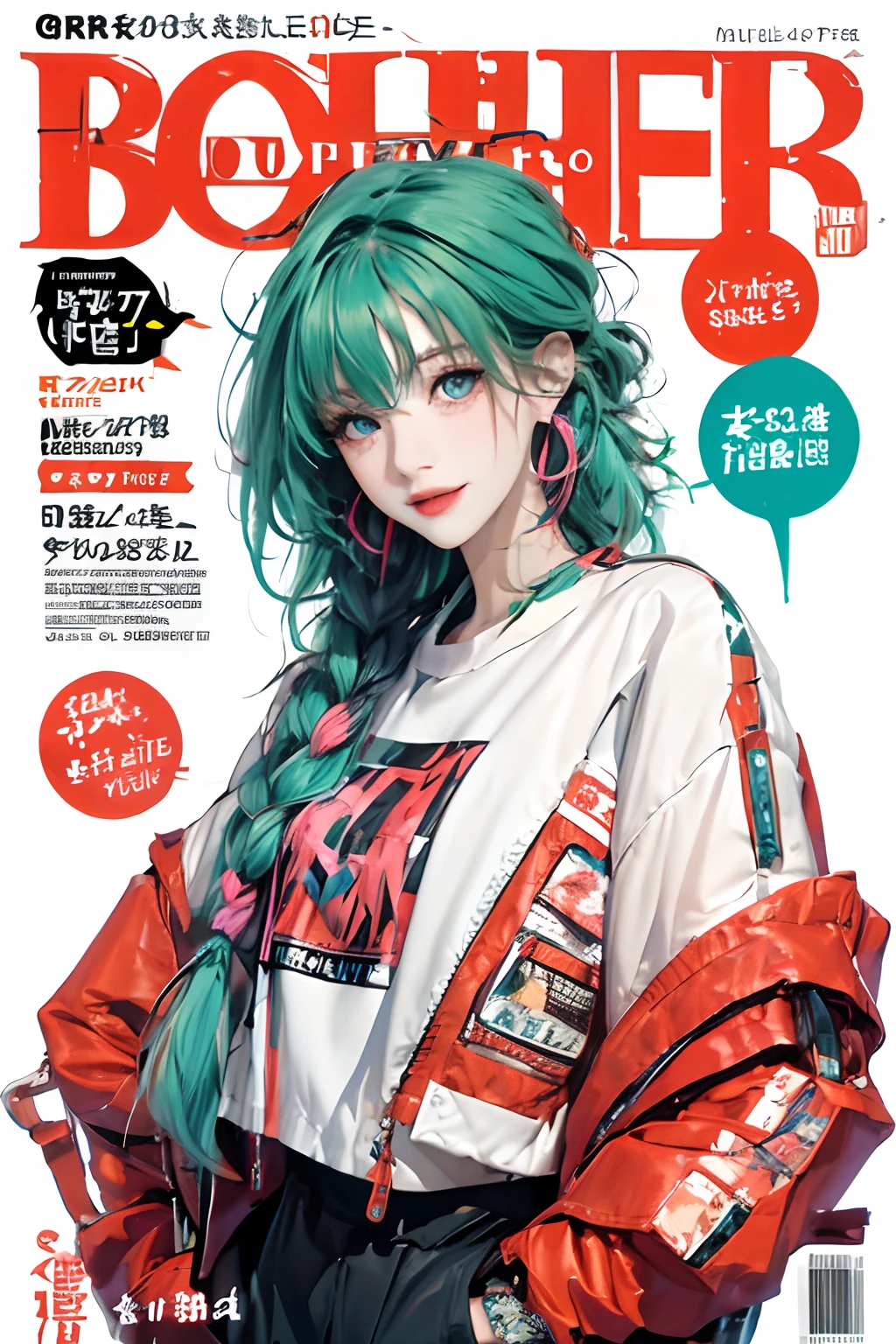 masterpiece, best quality, spring outfit, colorful neon hair, outdoor, magazine cover ,upper body,