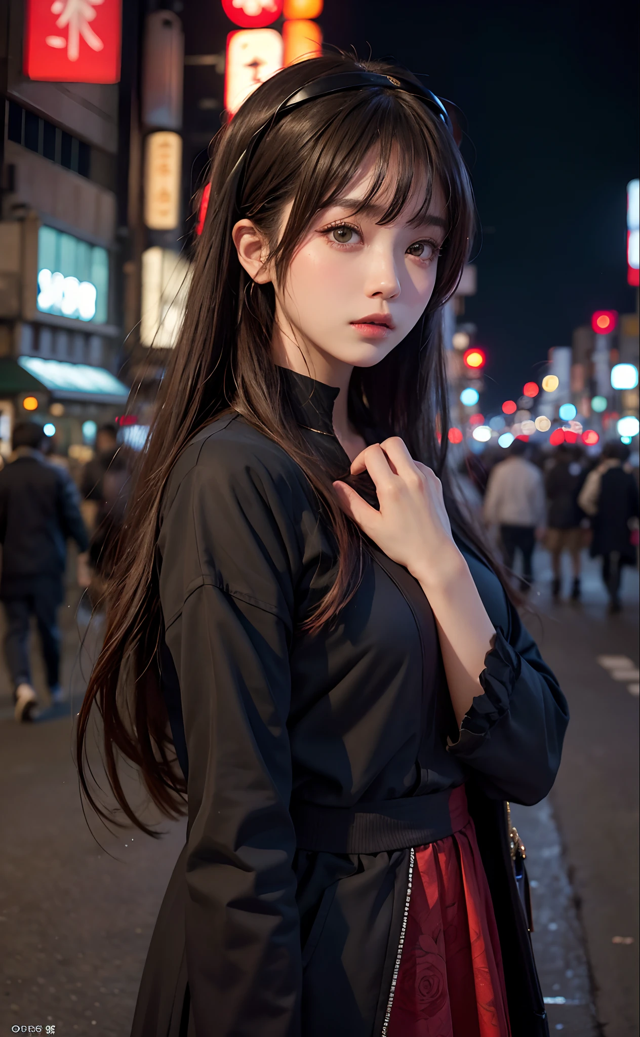 1girl, Tokyo street,night, cityscape,city lights, upper body,close-up, 8k, RAW photo, best quality, masterpiece,realistic, photo-realistic,headgear of red rose, parted bangs, long hair,