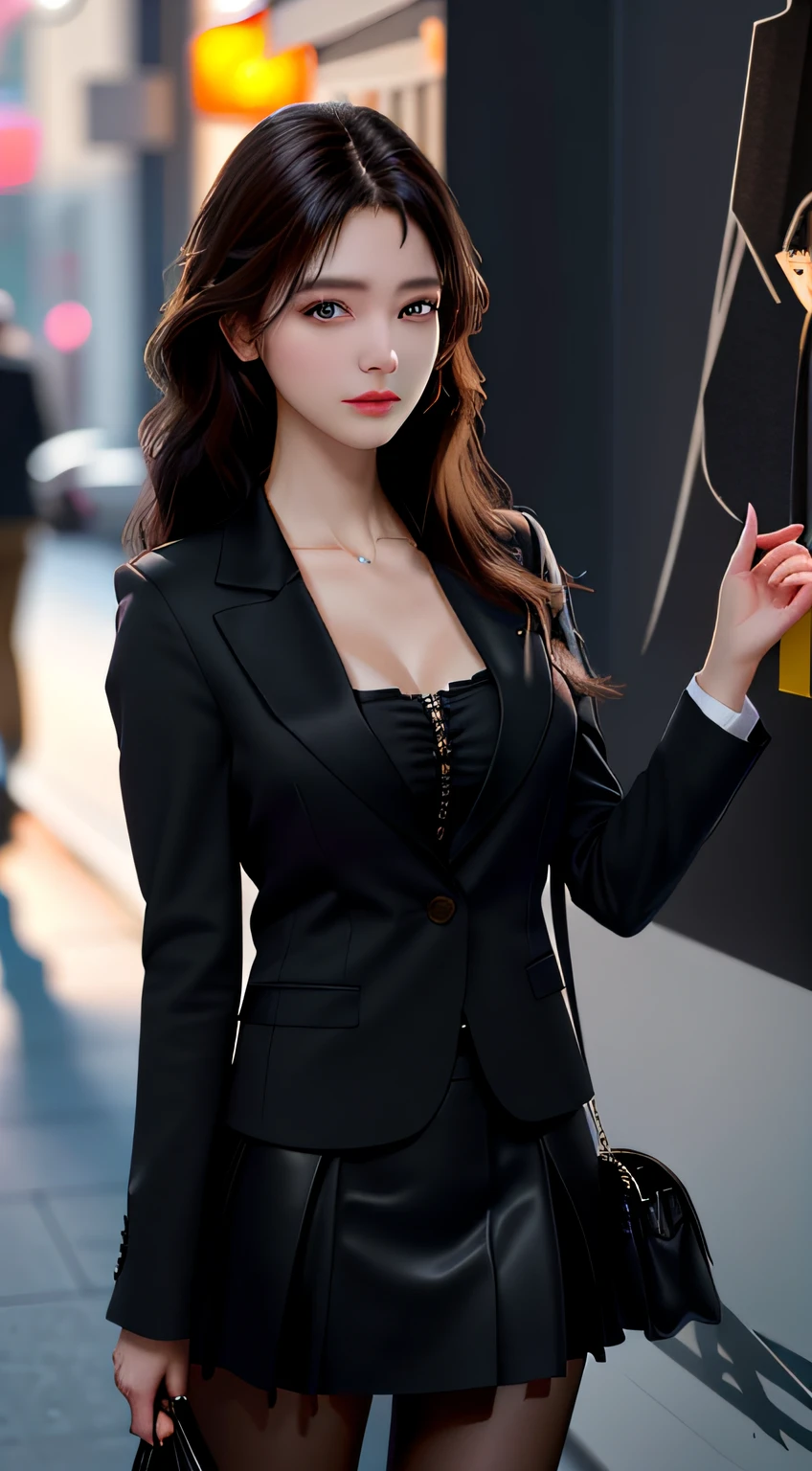 best quality, masterpiece, 1girl, Beautiful face, (photo realistic:1.3), rim lighting, (high detailed skin:1.2), 8k uhd, dslr, high quality, high resolution, 4k, 8k, Bokeh,  absurdres, best ratio four finger and one thumb, (realistic:1.3), cute 1girl, wearing black formal blazer, medium breasts, short skirt,