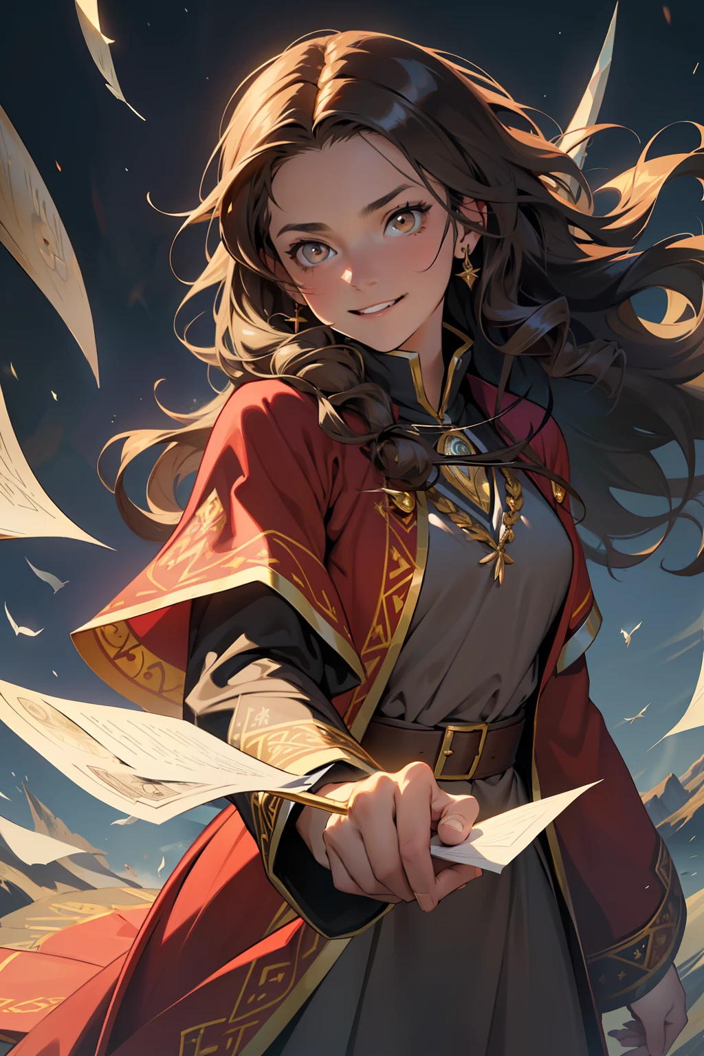 ((masterpiece:1.2), (best quality:1.2), looking at viewer, bare and fair skin,Wizarding world, shimmer reflected on hair, long hair fluttering in the wind, (wavy long hair), hair middle part, energetic , smily, happy , 15 year old eauropean girl, dark brunette hair, Brown eyes, victorian simple dress, gryffindor, red color, active young girl holding wand, medium B cup breast, charming young lady, Gryffindor robe, harry potter style, light brown eyes. With papers flying around.