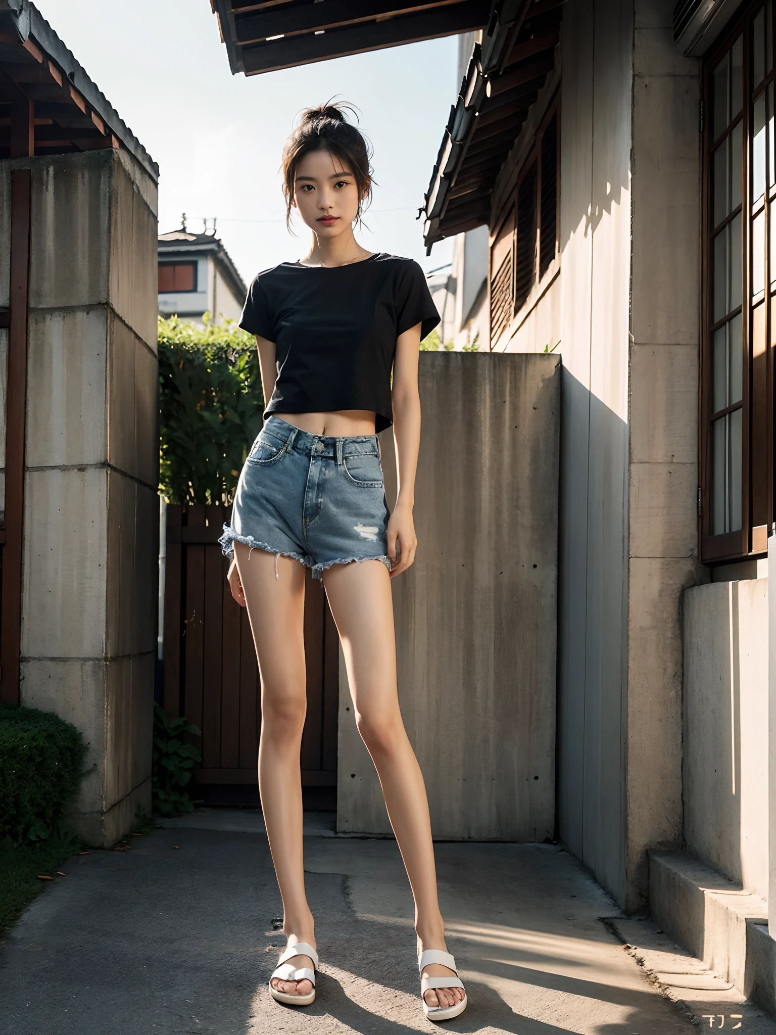 ((smallunderboob,Tomboyish,small heads)), (Well-defined abs: 1.1), (perfect bodies: 1.1), (short-length straighthair: 1.2), Black hair, fully body photo, nabel，（极其细致的CG 8k壁纸），（Extremely refined and beautiful），（tmasterpiece），（best qualtiy：1.0），（超A high resolution：1.0），beautiful light up，Perfect lightning，realistic shaded，[A high resolution]，Delicate skin，ultra - detailed ，Wear a loose black short-sleeved T-shirt，denim short，Elongated legs，flatchest，Slim，emaciated，at the doorstep of a school，Outside the school walls，are standing，Crowded，Everyone watched，Dusk light，城市，summertime，Cup of coffee in hand，slippers，Hair tied at the back of the head，dense with greenery