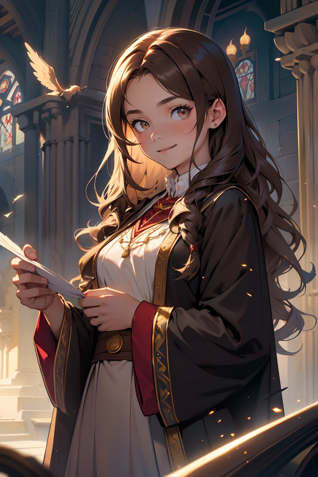 ((masterpiece:1.2), (best quality:1.2), looking at viewer, bare and fair skin,Wizarding world, shimmer reflected on hair, long hair fluttering in the wind, (wavy long hair), hair middle part, energetic , smily, happy , 15 year old eauropean girl, dark brunette hair, Brown eyes, victorian simple dress, gryffindor, red color, active young girl holding wand, medium B cup breast, charming young lady, Gryffindor robe, harry potter style, light brown eyes. With papers flying around.