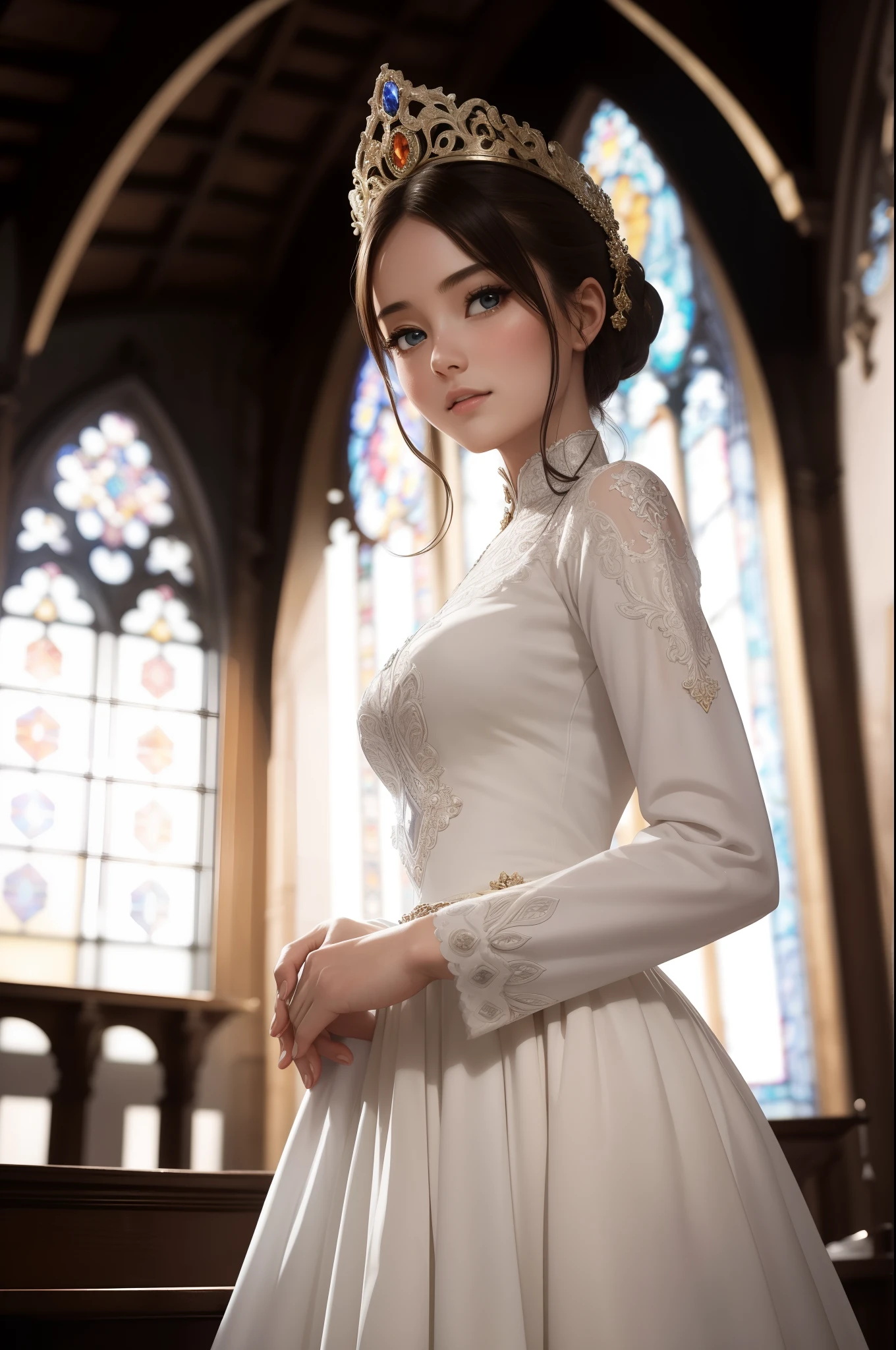 ((top-quality、​masterpiece、photographrealistic:1.4、8K))、1 beautiful detailed girl、extremely detailed eye and face、beatiful detailed eyes、（Elegant dress with long sleeves in medieval European style、Princess）、Luxury Accessories、Elegant smile、natta、（Princess praying in medieval European-style church）、Cinematic lighting、Textured skin、Super Detail、high detailing、High quality、hight resolution、（looking at the viewers）、Beautiful stained glass、stone statue