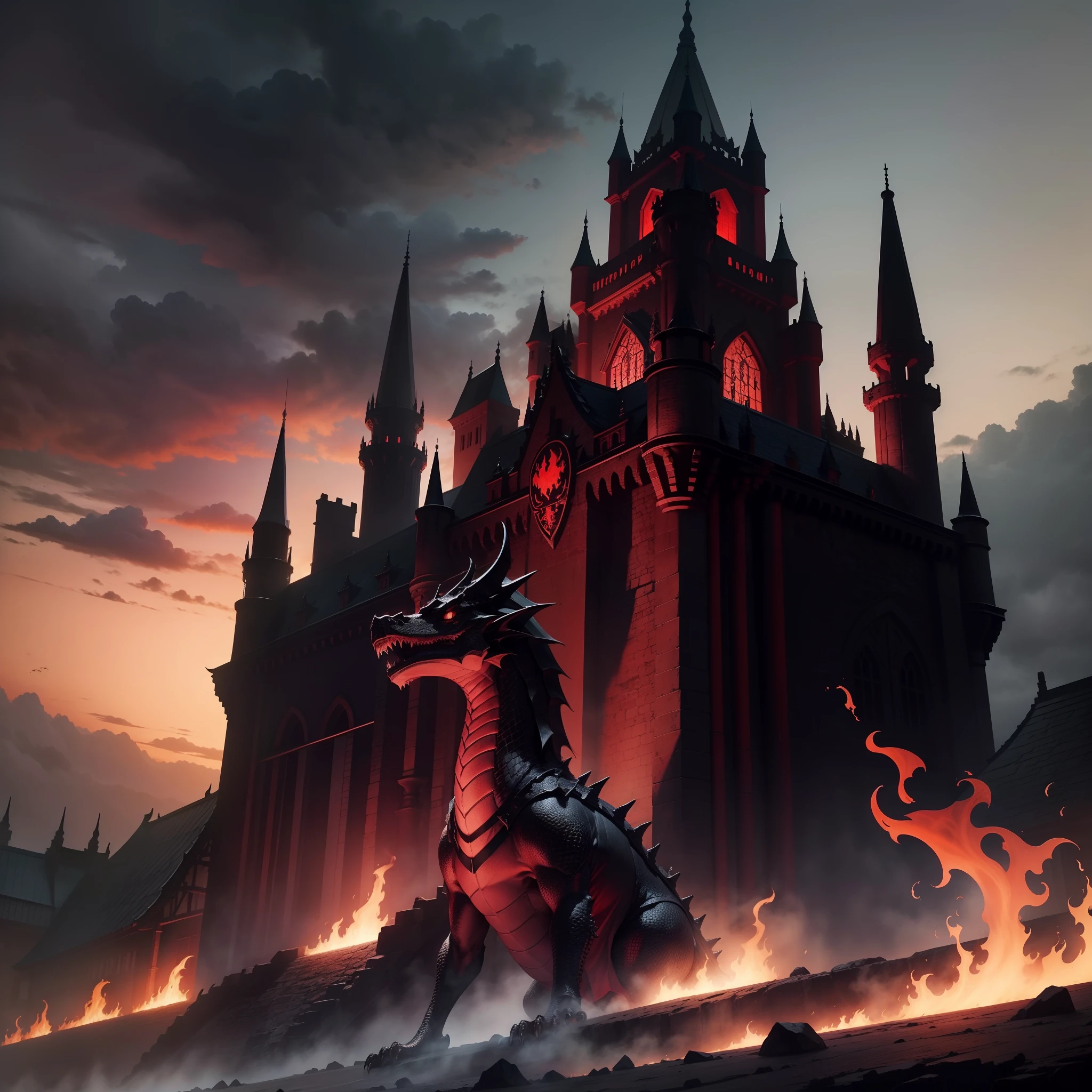 medieval times、old castle、Black Dragon、The dragon、Majesty and dignity、Ominous sky、Red-black sky、fatalis、Flame from the mouth、solemnity