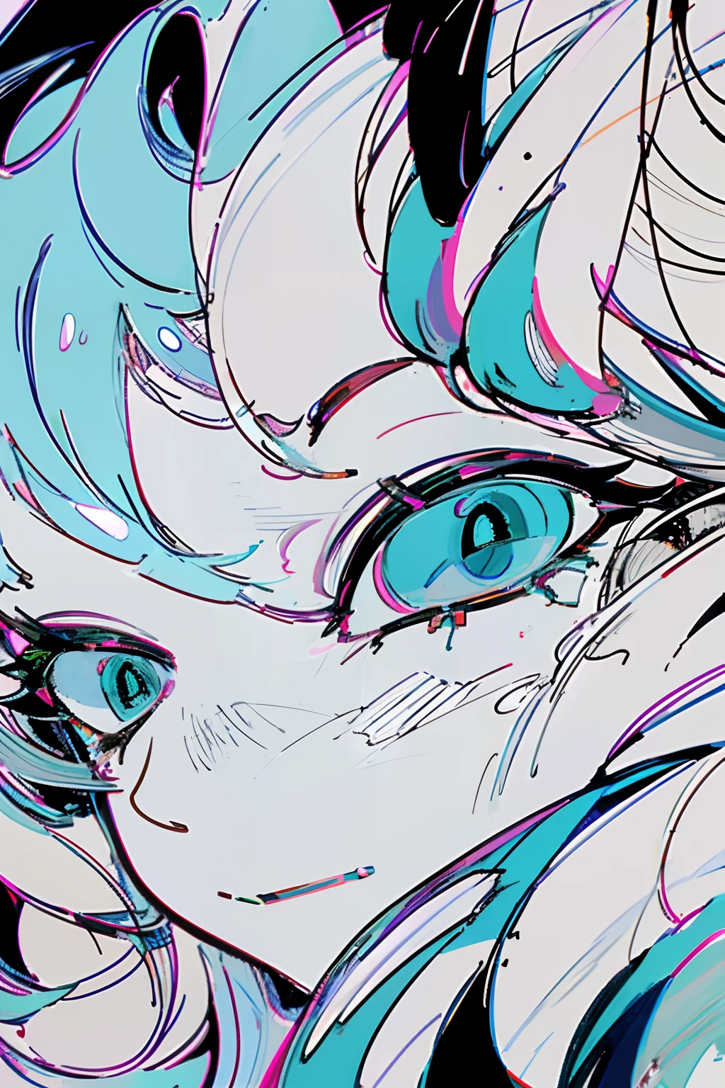 Crying, tears, painful, drawing of woman with long hair and big smile, anime sketch, heavy outline, portrait of Hatsune Miku, heavy gesture style closeup, pretty anime outline, thick line art, line art!!, thick outline, detailed but rough, portrait of Hatsune Miku, intense line art, line art, thick black line art, sketch art style, matte sketch