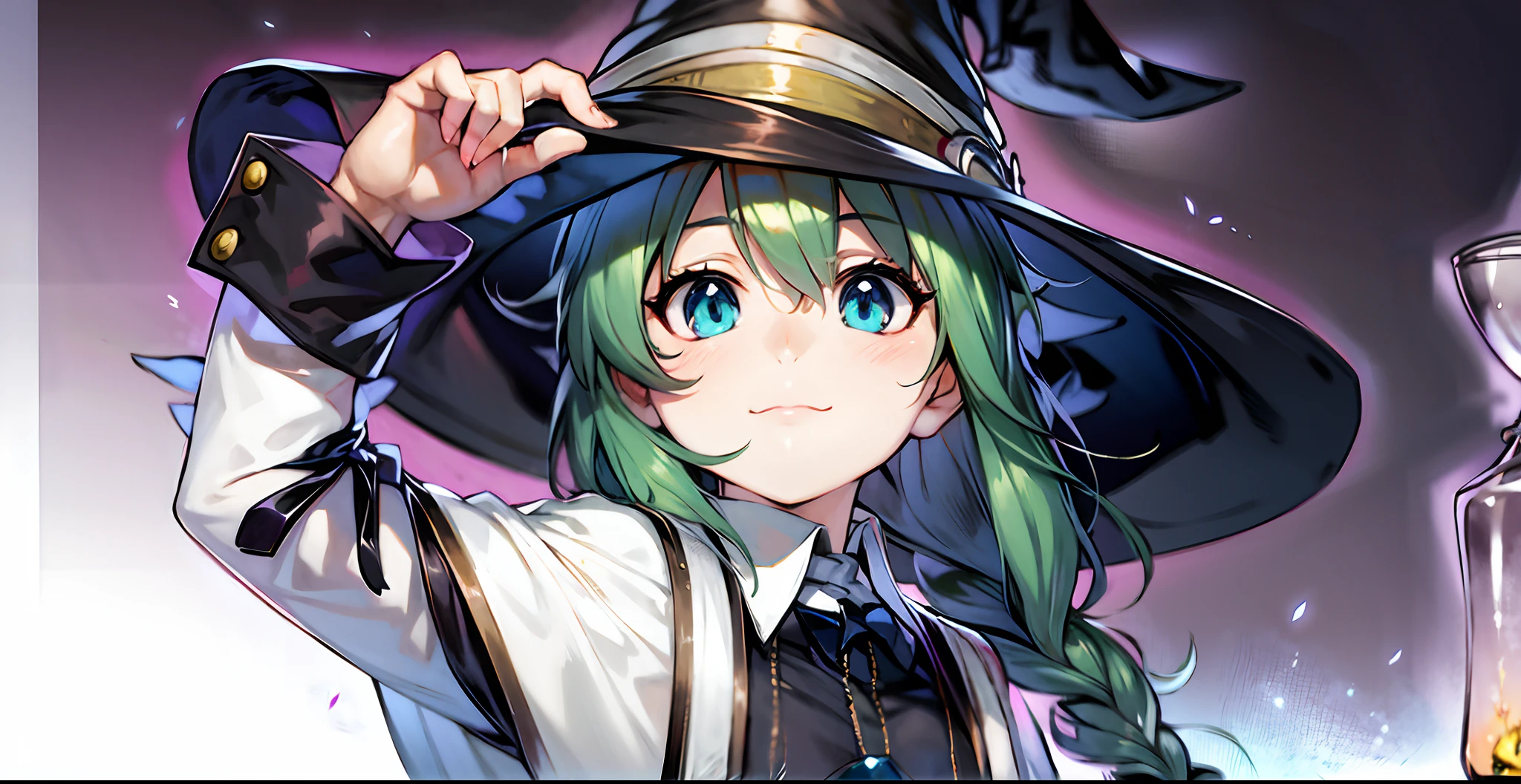 a close up of a person wearing a hat and holding a stuff, witch academia, alchemist girl, navyblue hair, shirabii, tsuaii, anime moe artstyle, 2 d anime style, witch girl, black - haired mage, an anime portrait of cirno, marisa kirisame, wataru kajika, flirty anime witch casting magic, hestia