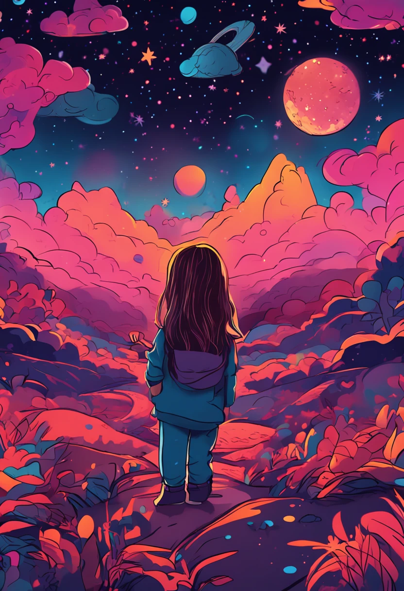 A little girl looks up at the stars，and its beauty，A strangely shaped starry sky，Colorful colors，8K UHD wallpaper，Imaginative lines，