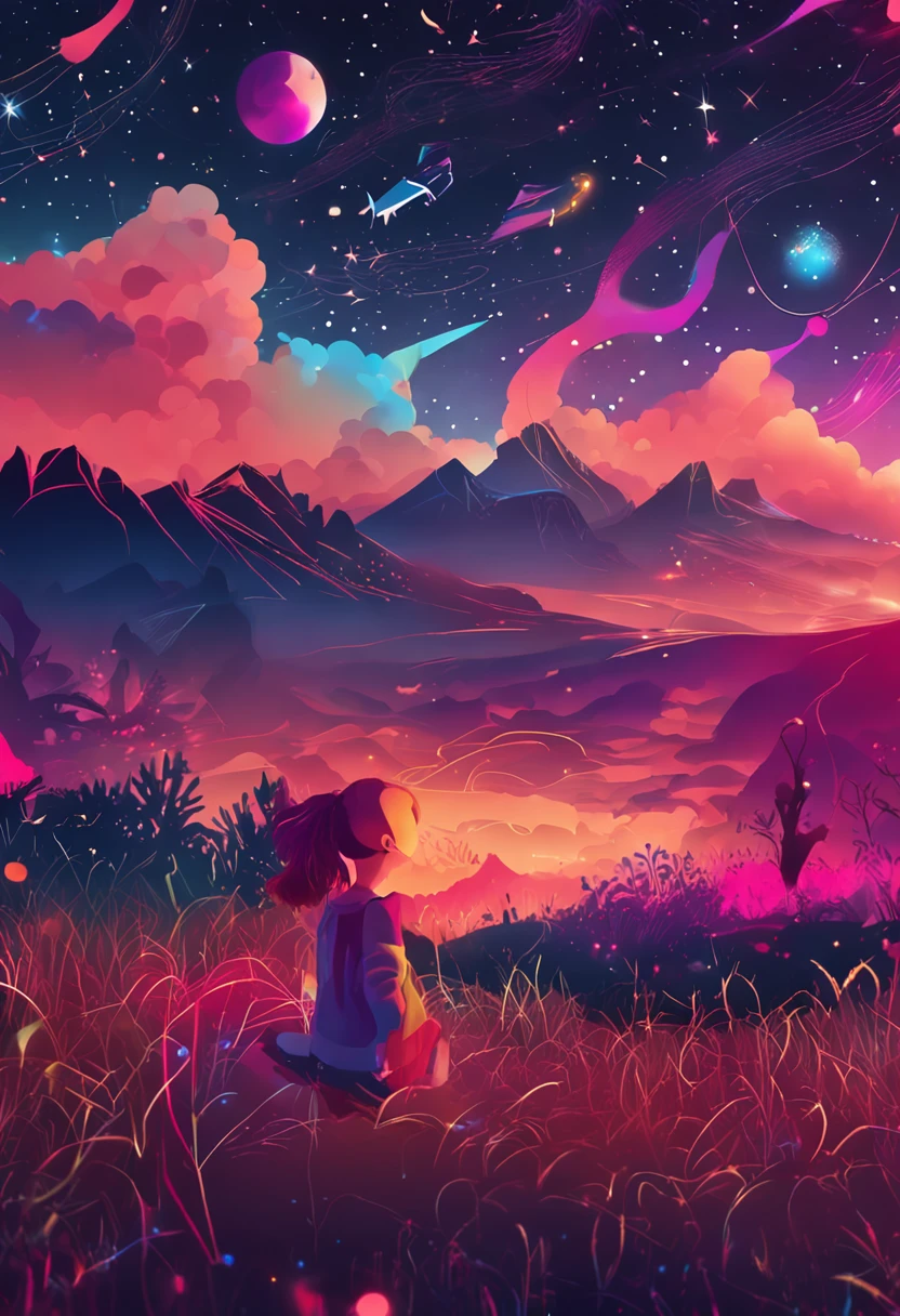 A looks up at the stars,and its beauty,A strangely shaped starry sky,Colorful colors,8K UHD wallpaper,Imaginative lines,