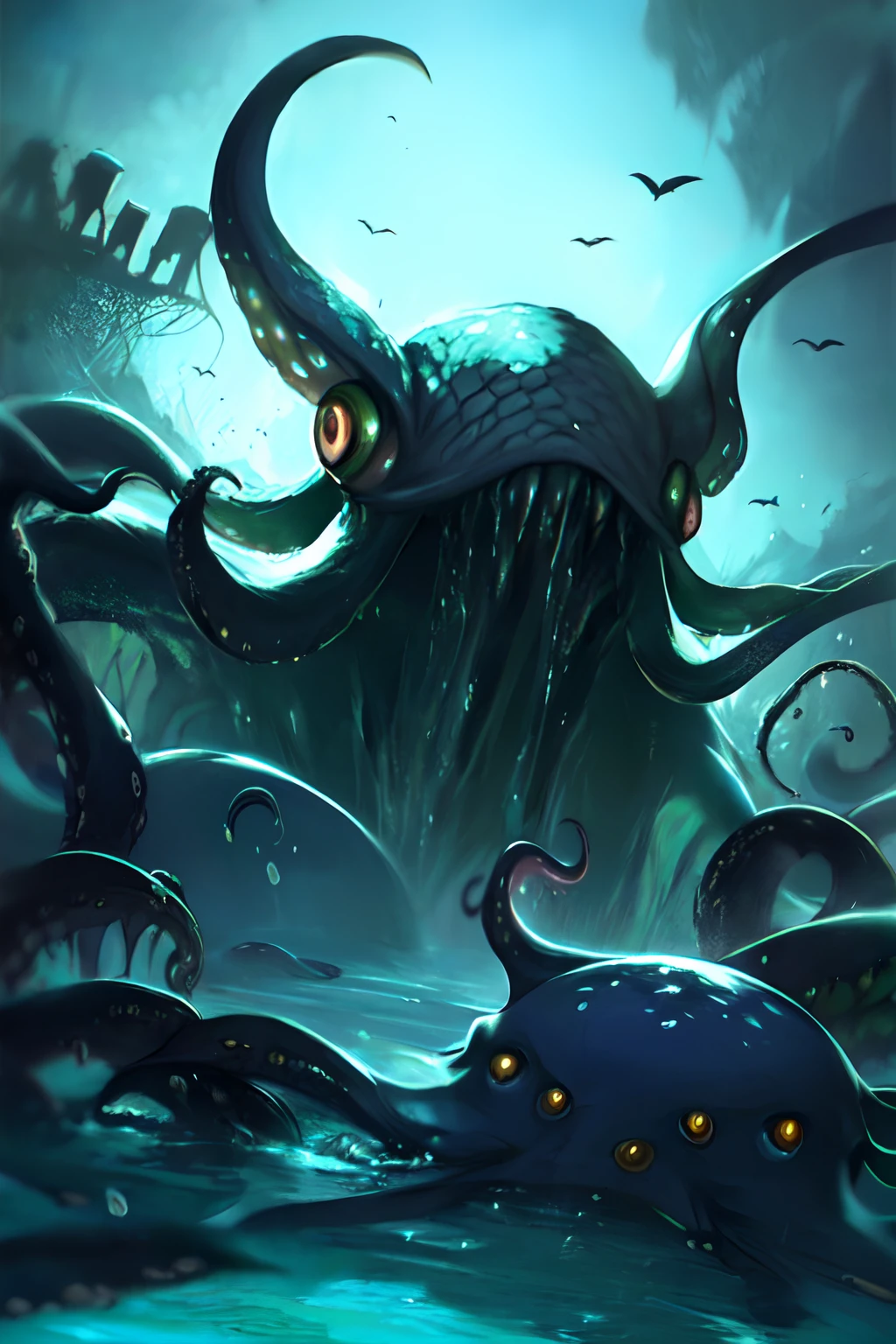 Cthulhu,Monster,(tentaculata:1.35),A polluted underwater world,Gloomy picture,(Nuclear contamination:1.35),(face:1.35),(sarcoma:1.35)