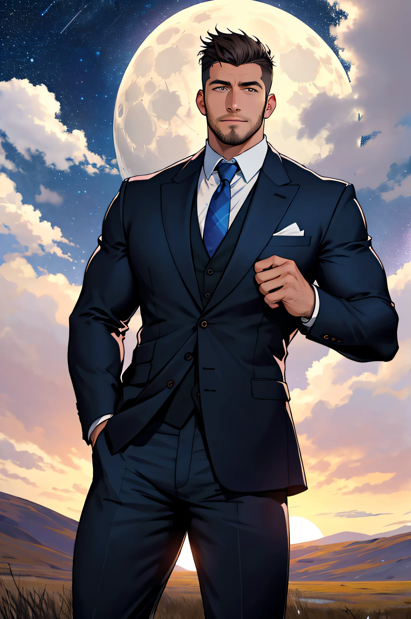 Draw a full-fledged footballer,Standing on the steppe at night,Quiet and comfortable background,He wears the same suit as the country's president,The suit fits perfectly,Handsome face,eyes with brightness,The man looks confident and determined,looking-down,Crew cut,full bodyesbian,Stars dot the sky,shooting from below,Big moon highlights background
